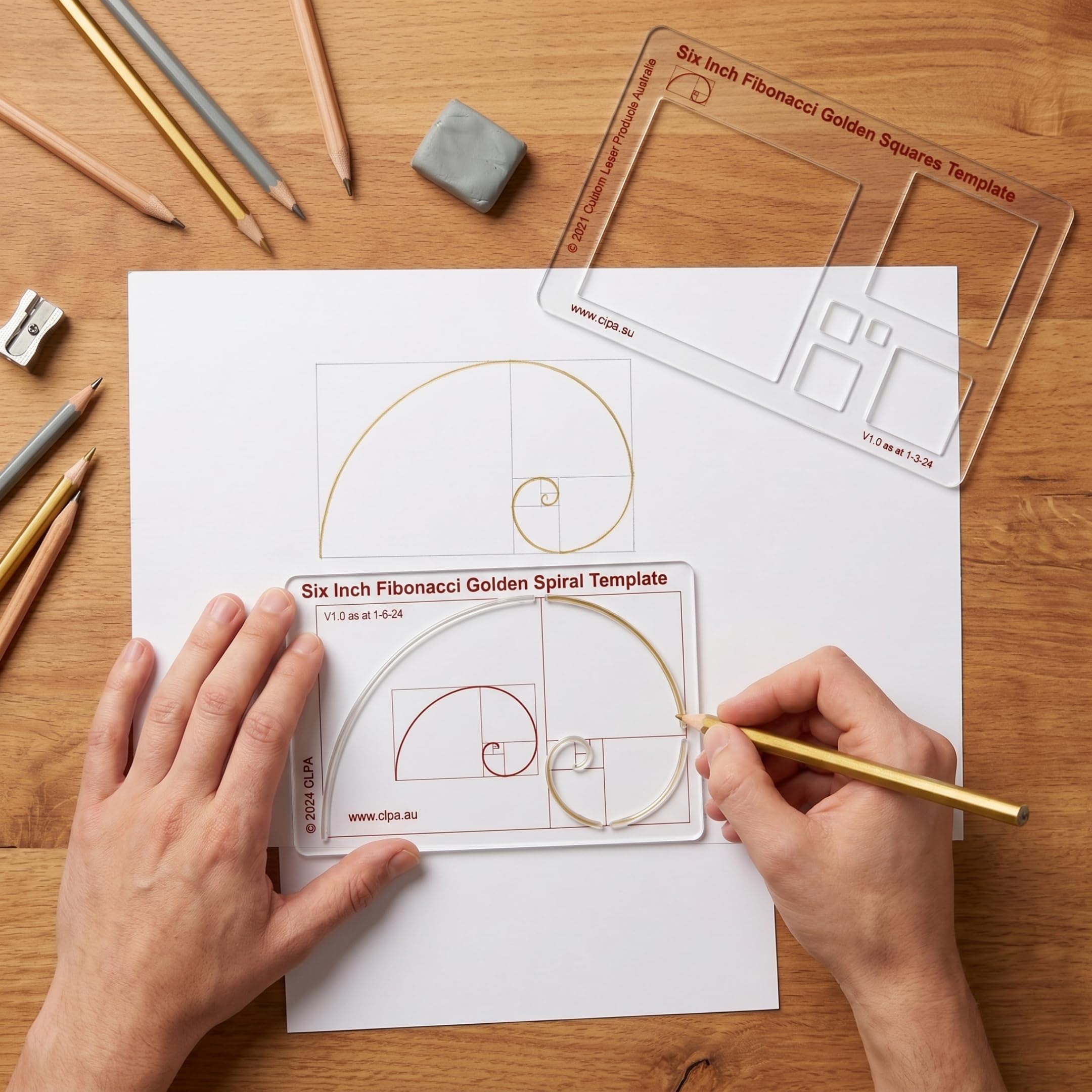 Plantilla de espiral de Fibonacci CLPA de 6" — Herramienta de proporción áurea para dibujo | Plantilla de Fibonacci | Plantilla geométrica para arte, dibujo técnico y acolchado | PETG transparente