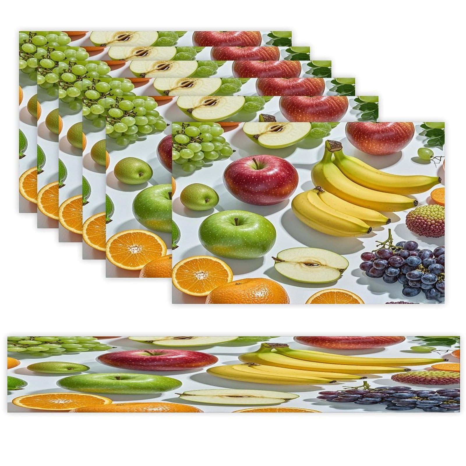 Fruits Table Runner and Placemats of 6 Washable Heat Resistant Place Mats with Table Runner Vintage Holiday Table Mat Set for Holiday Party Kitchen Dining Deco