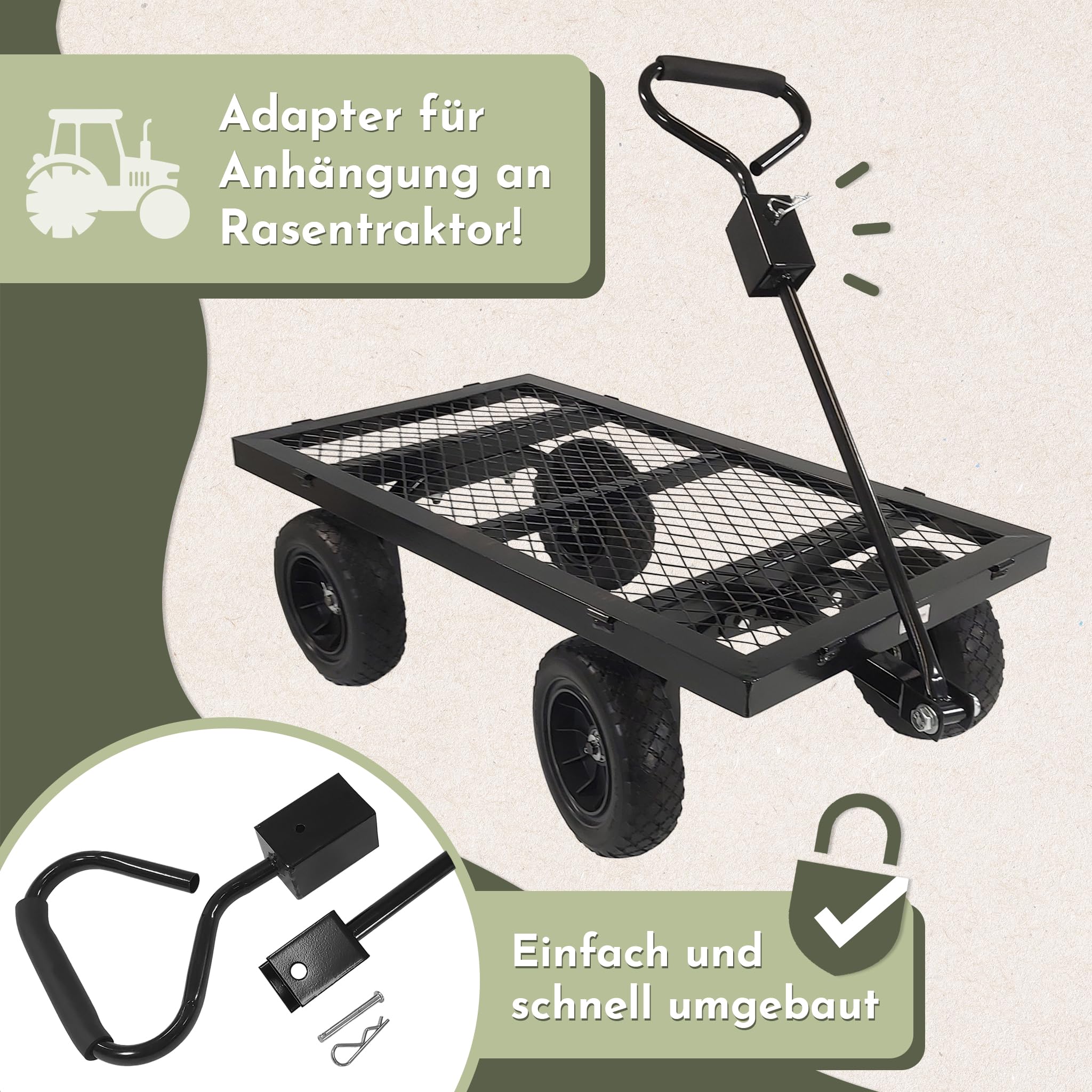 Lemodo Gartenwagen aus Stahl mit Laubsäcken und Gummireifen, 300 kg Tragkraft, Ladefläche 96,5 x 53 x 22 cm, Anhänger mit Kupplung für Rasentraktor ideal für Laub, Gartenabfälle, Holz und Gartenarbeit