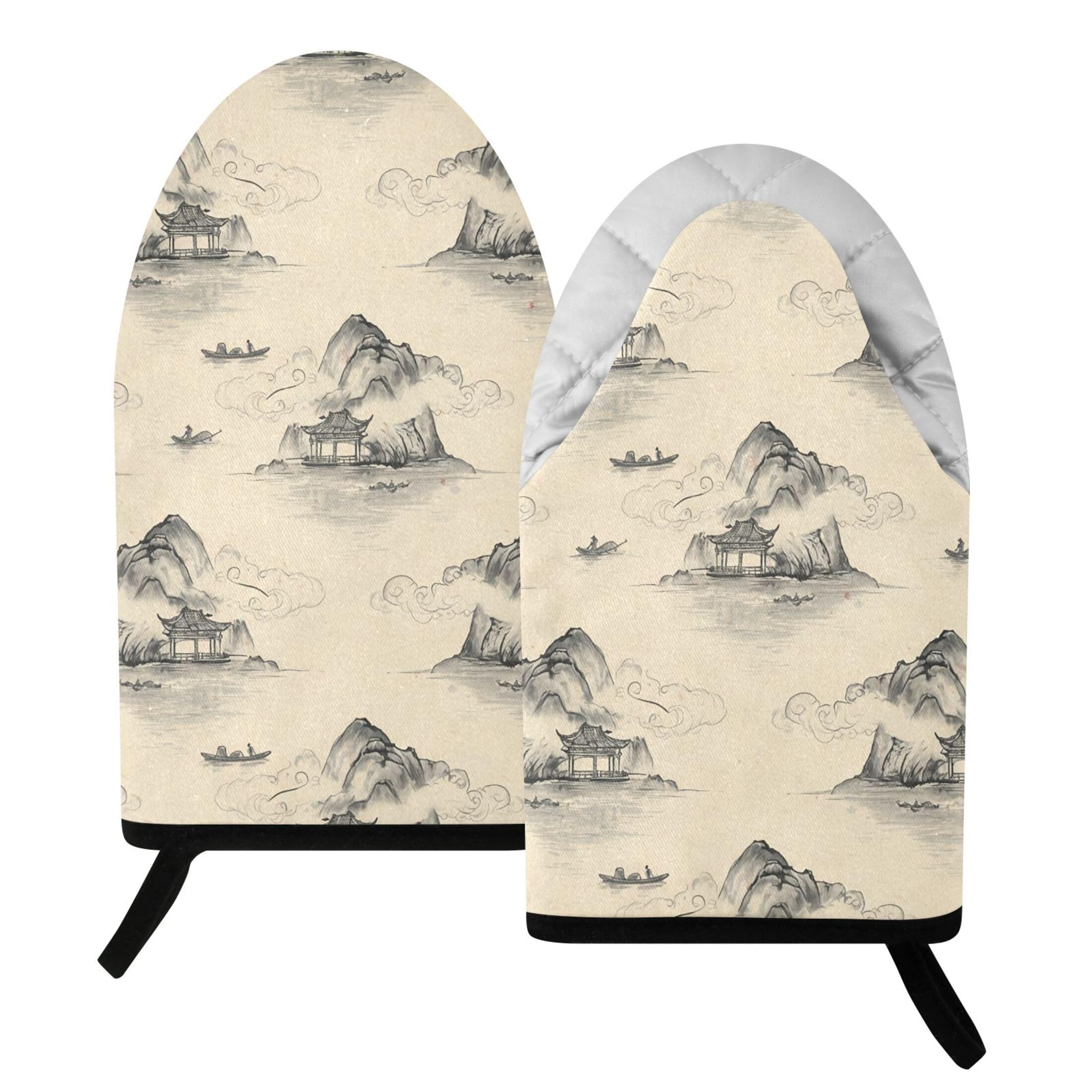 Kutsu Mountain Oven Mitts for Kitchen, Heat Resistant Cotton Oven Gloves for BBQ Baking Cooking, Breathable Kitchen Essentials, 2 pcs