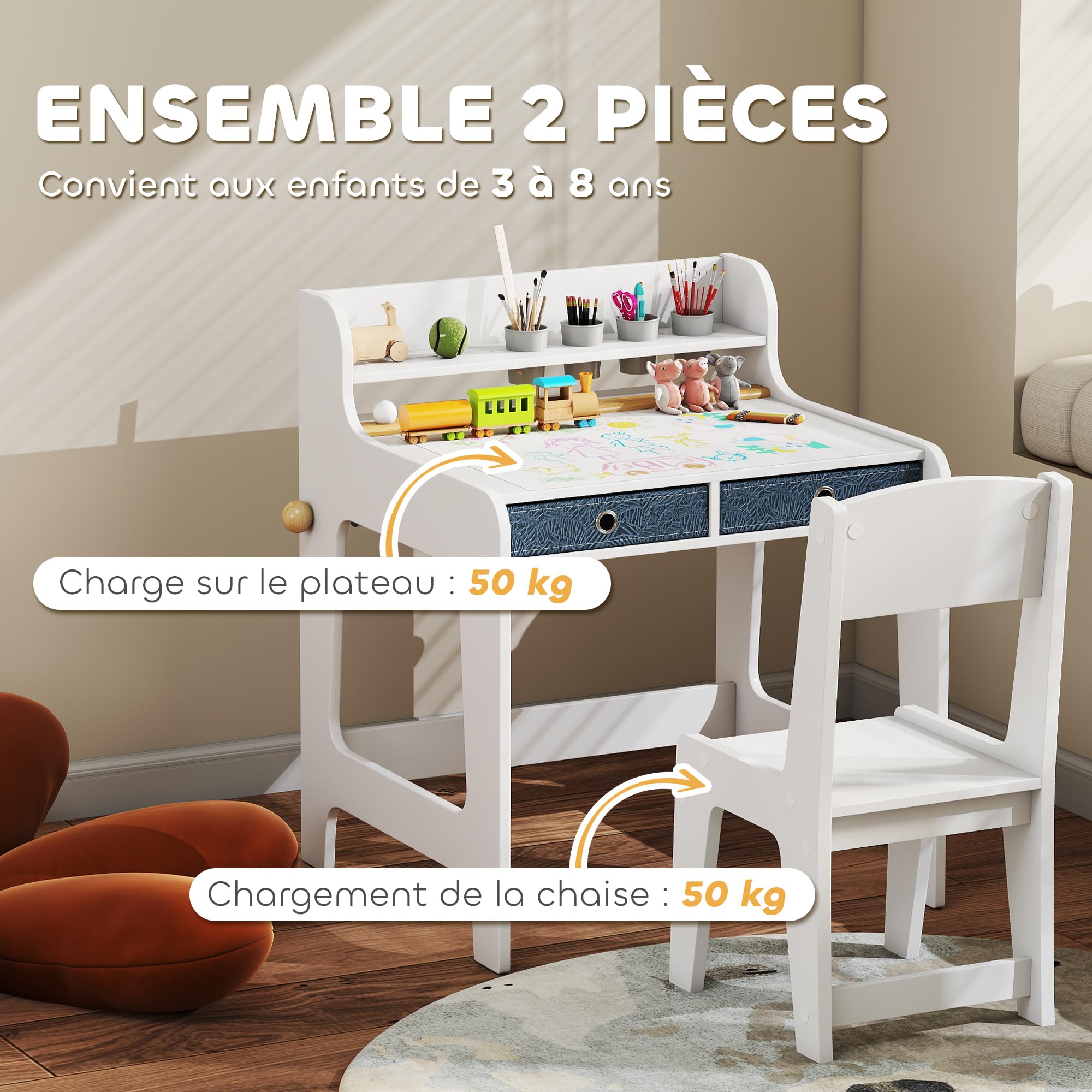 AIYAPLAY Bureau Enfant avec Chaise, Table avec 2 tiroirs en Tissu, étagère et Porte-gobelet, Blanc, pour 3-8 Ans