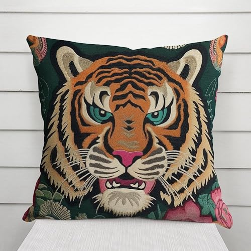 Miniatura 3 de ArogGeld Funda de almohada de tigre colorido estilo chinoiserie, funda de almohada europea de tigre tibetano, funda de almohada asiática de 20 x 20