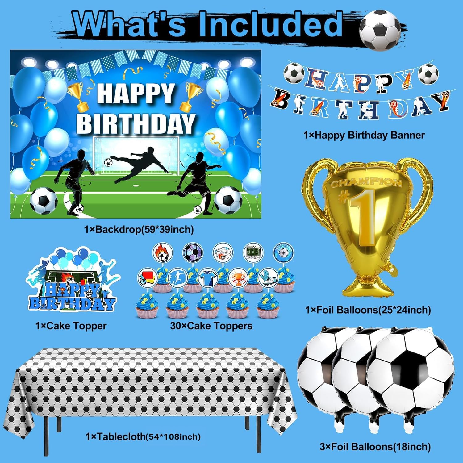 Soccer Birthday Party Decorations, 131PCS Blue Soccer Birthday Party Supplies Including Tablecloth Backdrop Banner Cake Topper Latex Balloons Foil Balloons Decorations Kit for Sport Ball Theme - Image 3