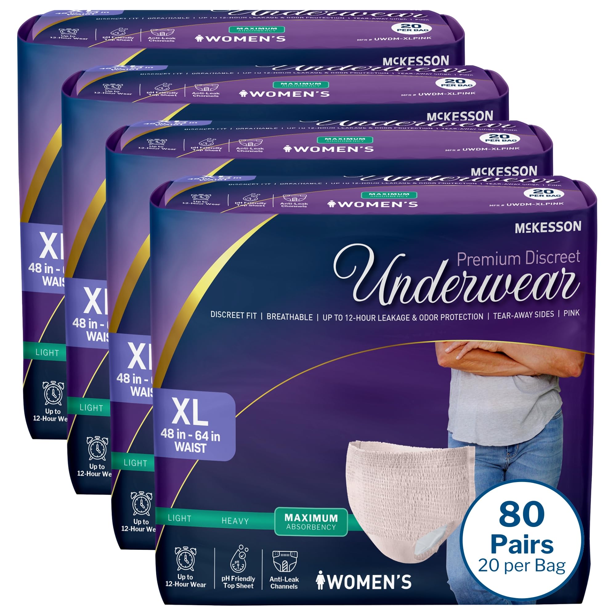 McKesson Discreet Underwear for Women, 48-, Adult, X-Large, 64 in, 20 ct