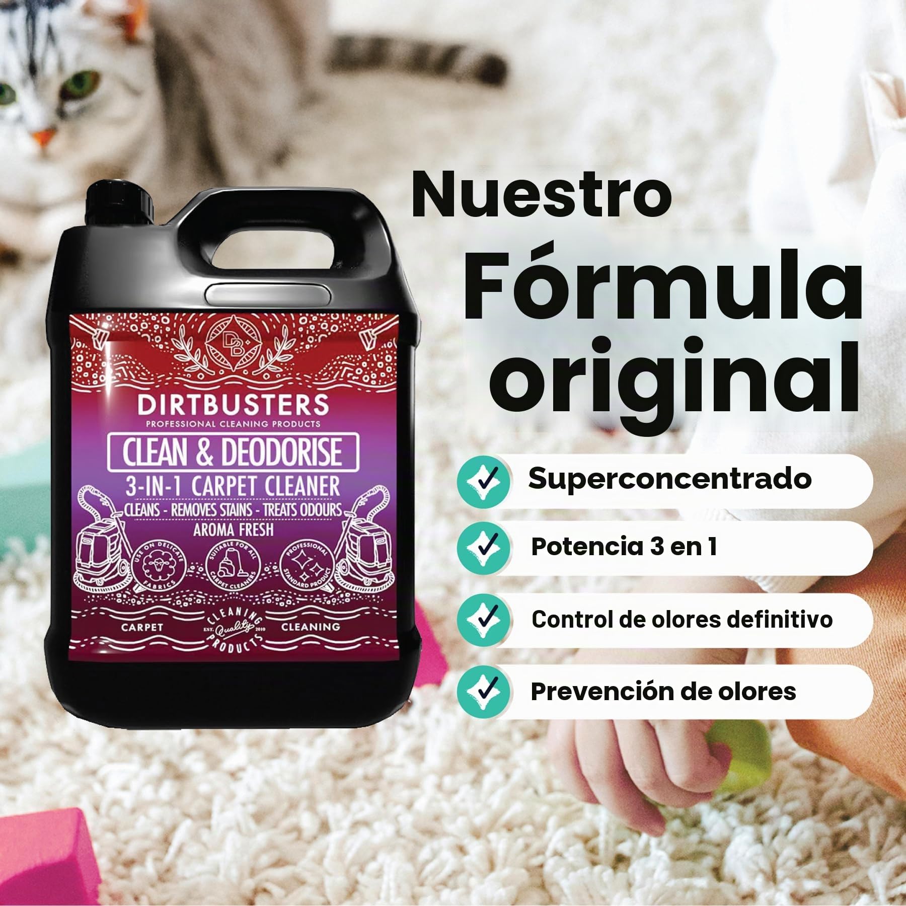 Dirtbusters Fórmula Concentrada 3 en 1 Limpia y Desodoriza Moquetas y Tapizados. Elimina y Neutraliza los Malos Olores. Apto para Aspiradoras y Materiales Delicados. Aroma a Fresco 5 Litros.