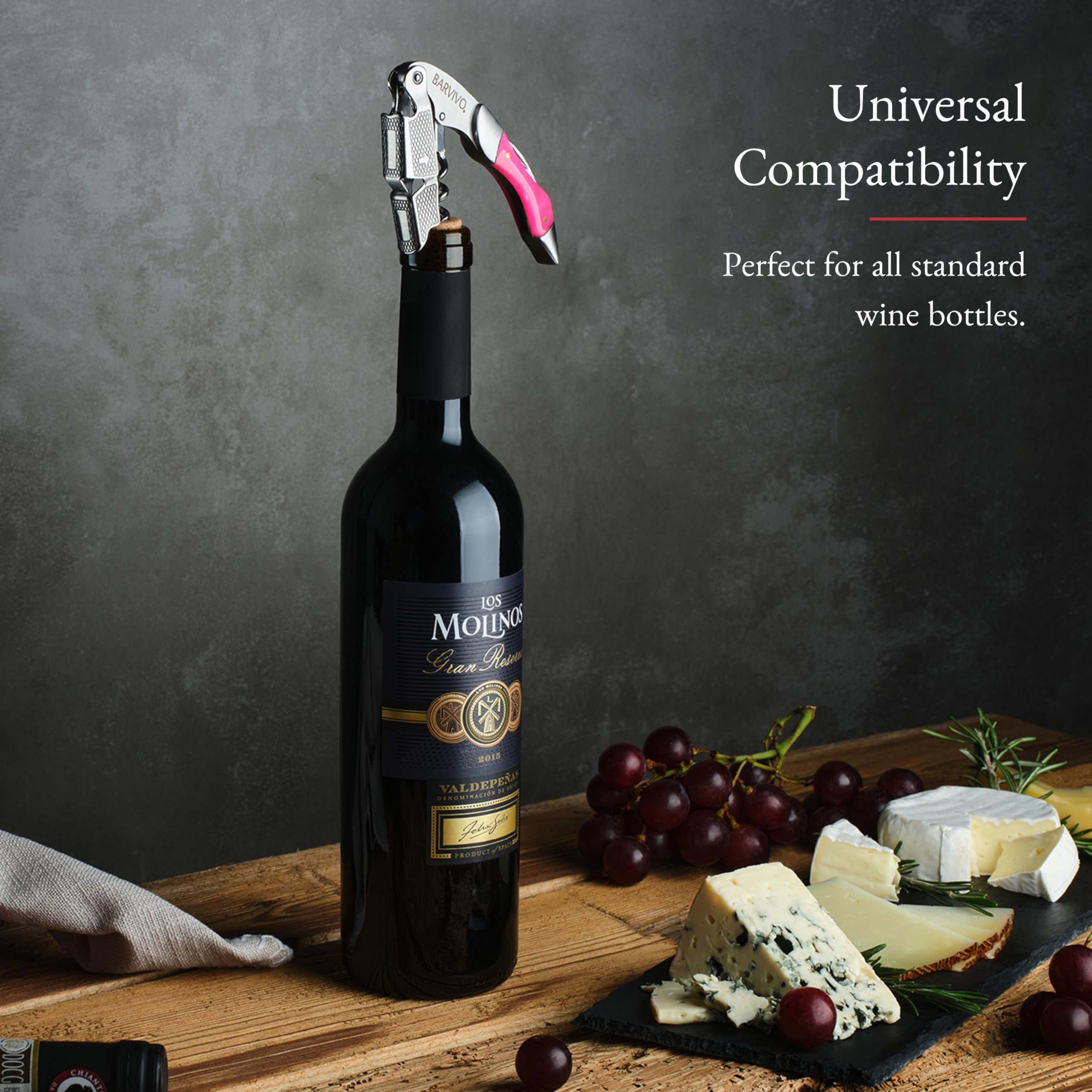 Barvivo Cavatappi Professionale Apribottiglie Perfetto per stappare Bottiglie di Vino, Birra, per Sommelier e Bartenders di Tutto Il Mondo. Realizzato in Acciaio Inox e Resina Rosa.
