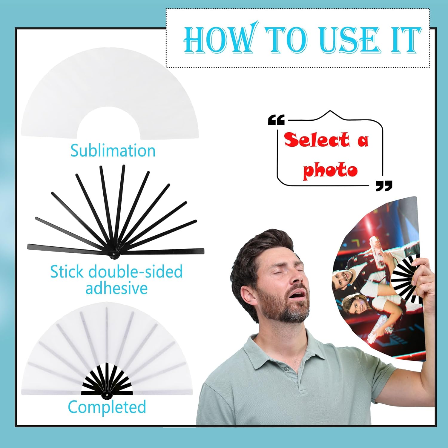 50 Pcs 13 Inches Sublimation Hand Fan Blanks Bulk White Foldable Heat Transfer Fan Surface Fan Frame Opp Bag Double-Sided Adhesive Tape Set for DIY Craft Cooling Line Dancing Disco Graduation Party