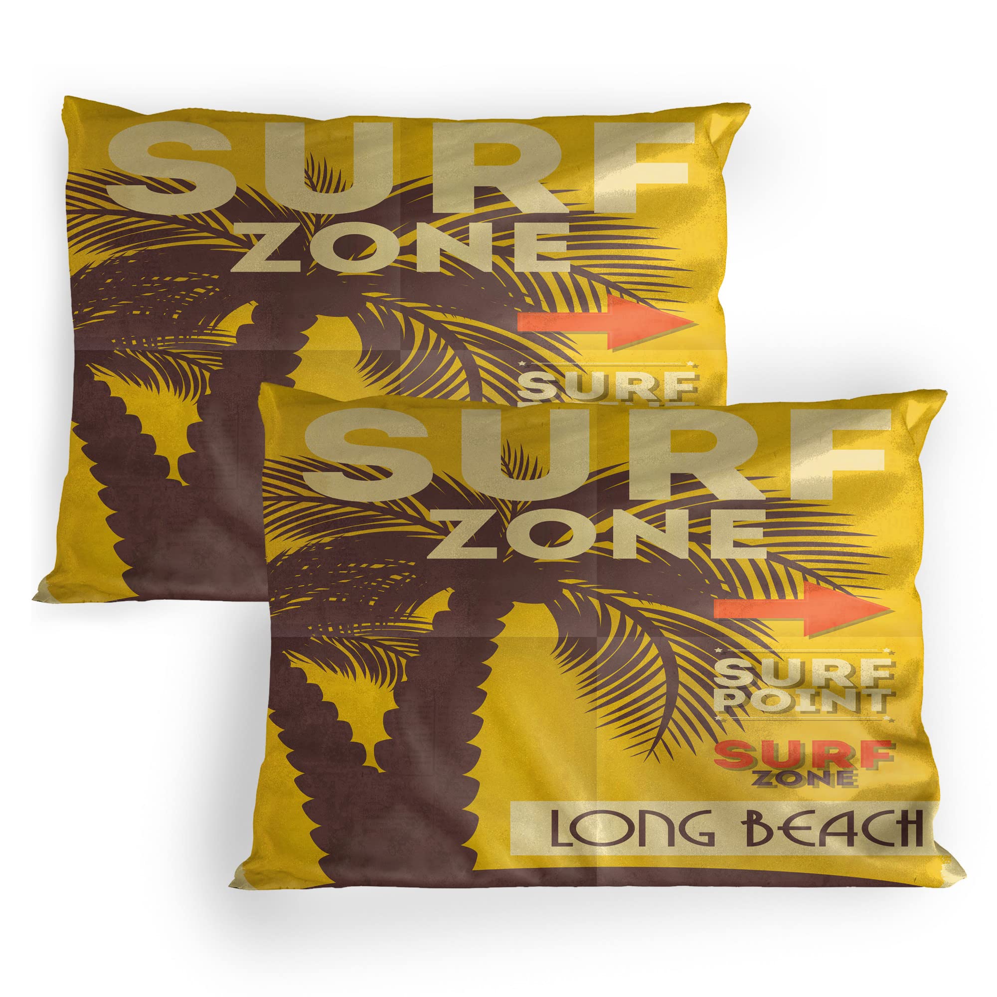 Lunarable Retro Pillow Sham Set of 2, Vintage Surf Poster with Palm Tree Beach Ocean Exotic Sports Graphic Print, Quality Microfiber Bedding Item for All Seasons, 30