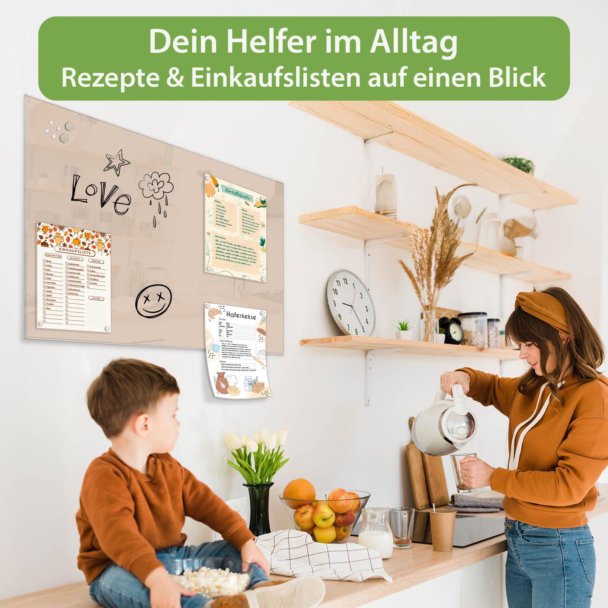 banjado Glas-Pinnwand in 120x80cm für Notizen und klare Farbgestaltung | Magnetisches Memoboard für Notizen, in der Farbe Taupe für ein ruhiges Raumkonzept