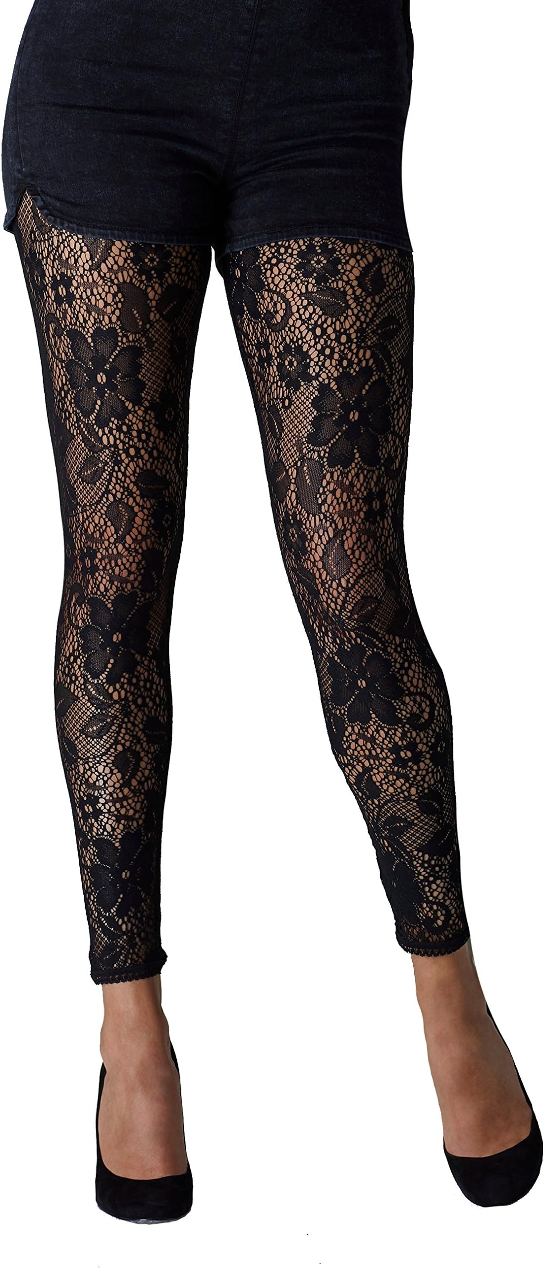 Gipsy Flower Cut & Sew Lace Leggings in Black with Flowery Leaf Design - Luscious Mesh Net Structure - One Size