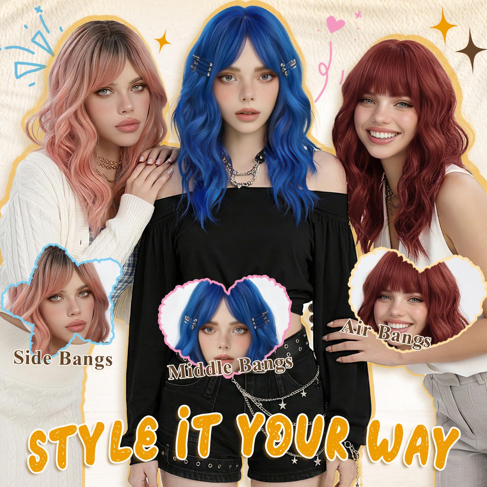 RUWISS Perruque Ondulée Brun Foncé Mi-longue 50 cm avec Frange, Naturel Layered Perruques pour Femme Cheveux Synthétiques Résistantes pour Usageet Quotidien et Cosplay