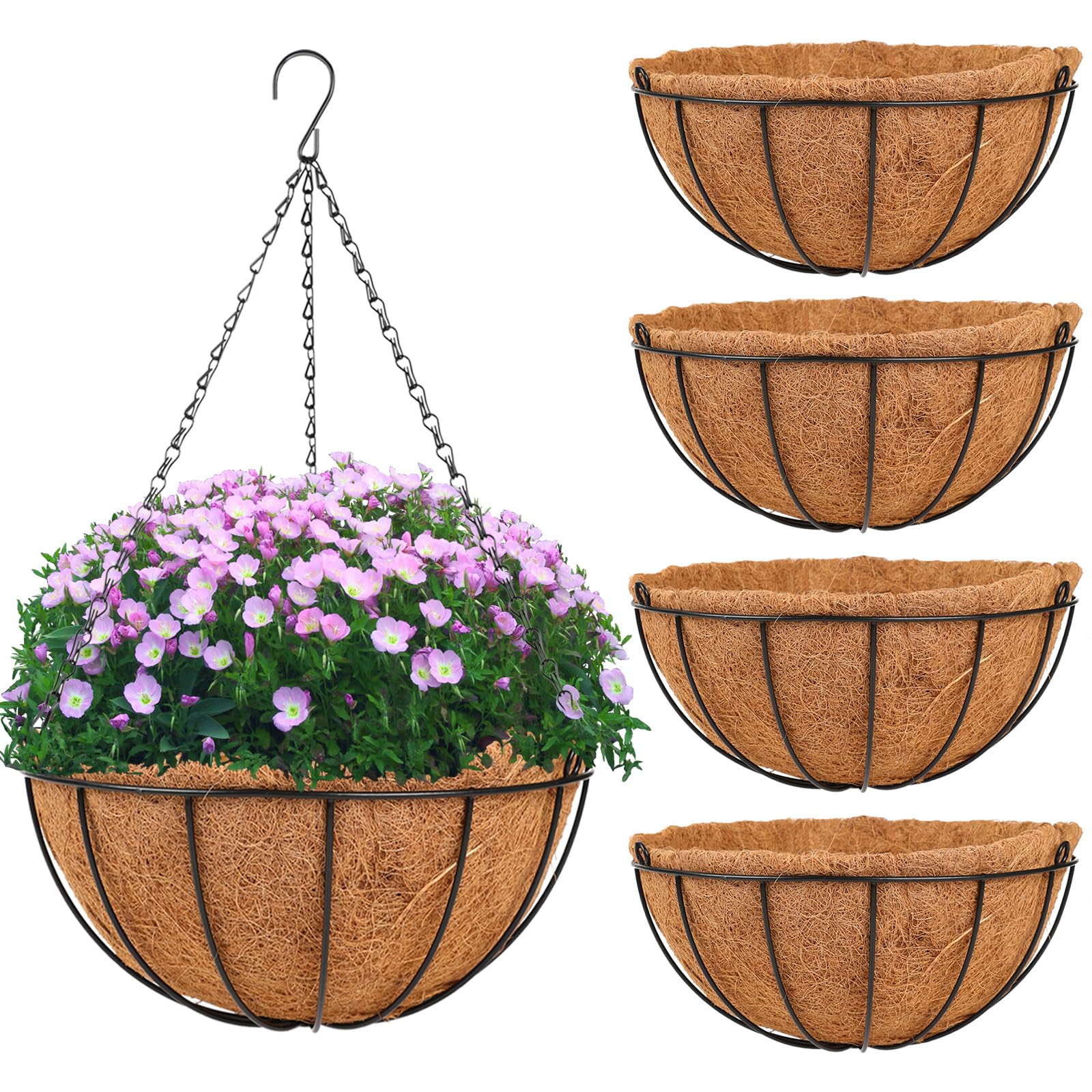 HKZ 4 Pack Metal Hanging Basket Planter with Coco Liner