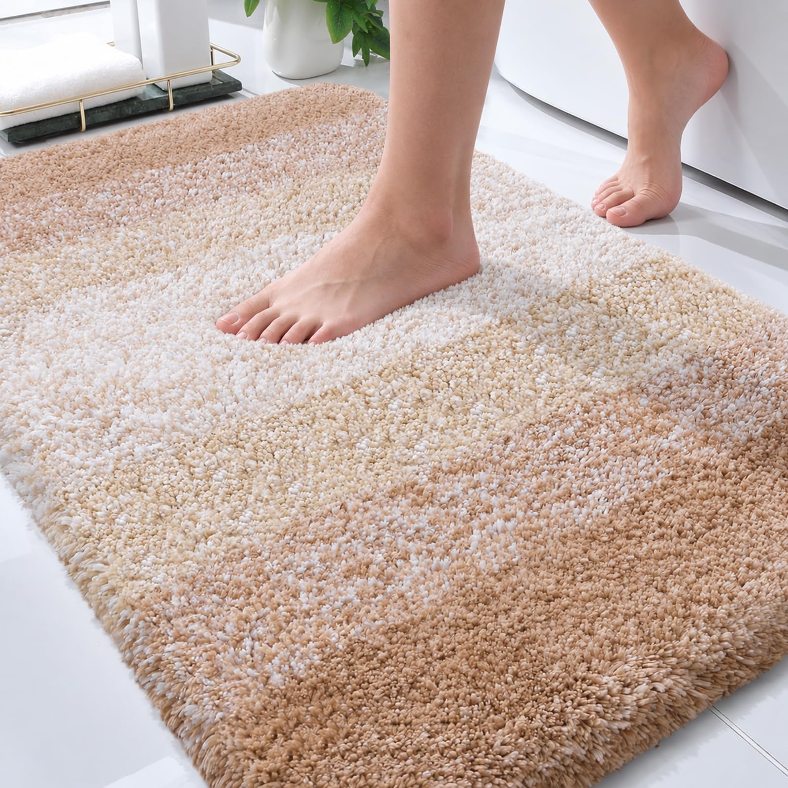 OLANLY Luxuriöse Badezimmerteppichmatte, extra weiche und saugfähige Mikrofaser-Badteppiche, Rutschfester Plüsch-Shaggy-Badteppich, maschinenwaschbar, Badematten für Badezimmerboden, 20x32, beige