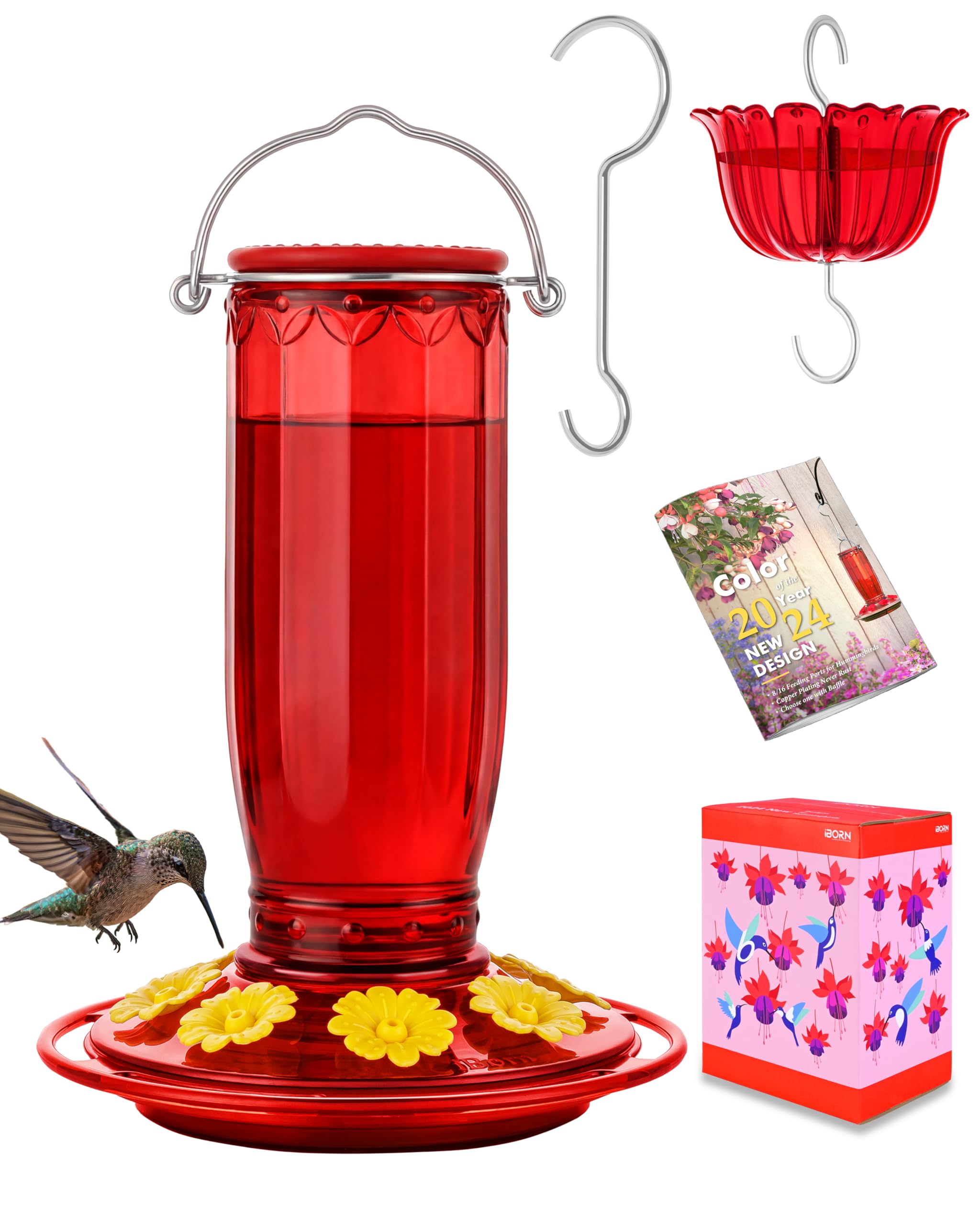 iBorn Fuchsia Glass Hummingbird Feeder