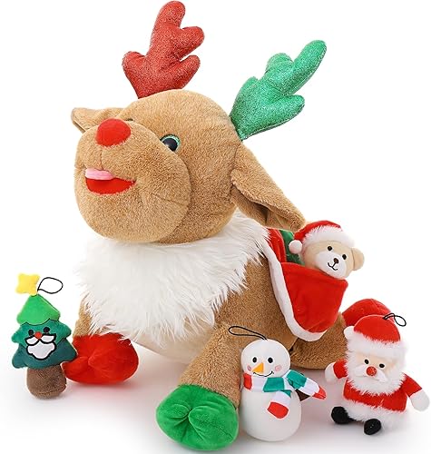MaoGoLan Peluche de reno de Navidad de 15.7 pulgadas, juguete de peluche de reno con mini árbol de Navidad, muñeco de nieve, oso de peluche de Papá