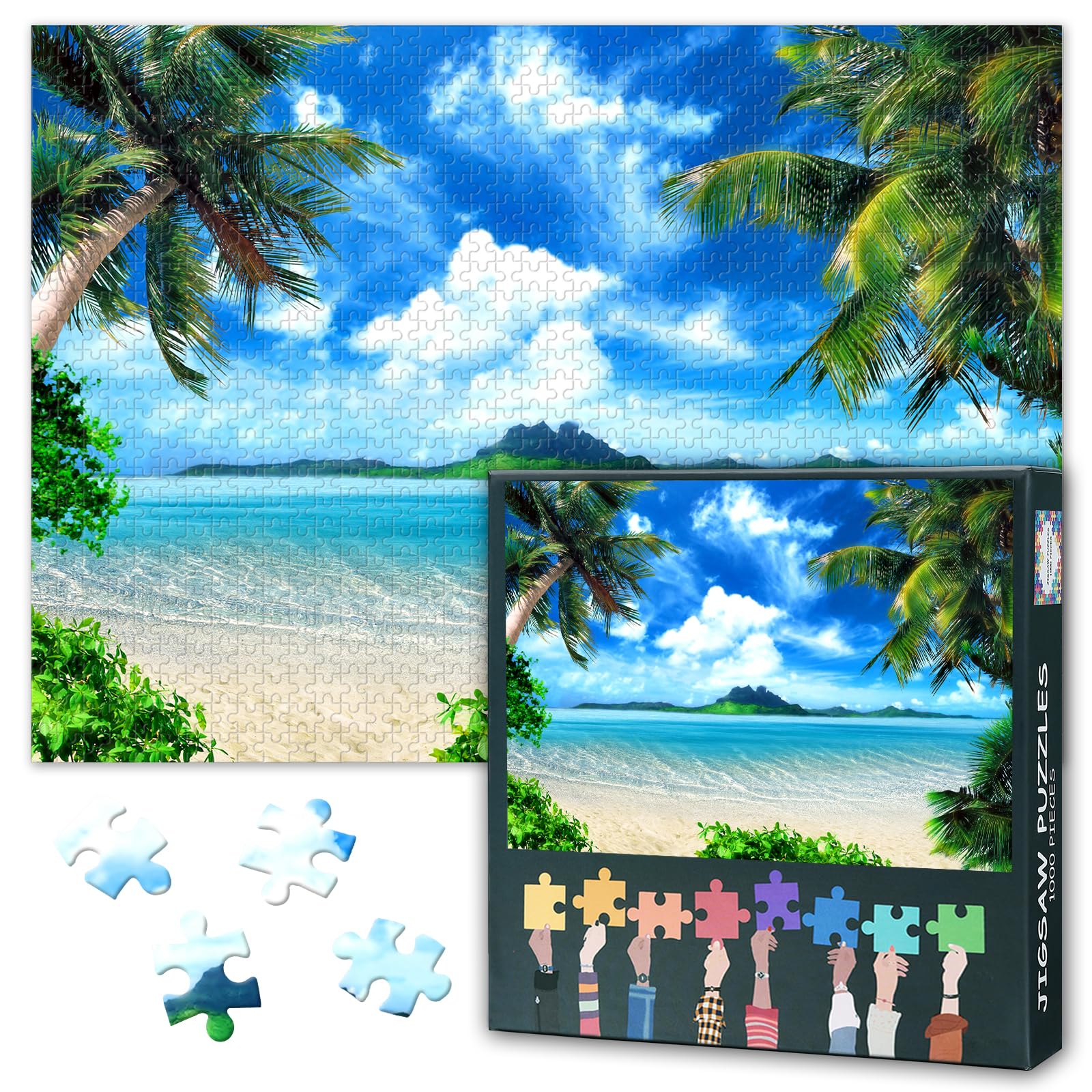 1000 Piece Jigsaw Puzzle for Adults Blue Sky White Cloud Beach Coconut Trees Challenge 1000 Pieces Puzzles for Adults Rompecabezas Para Adultos Challenging Puzzles 50x70cm