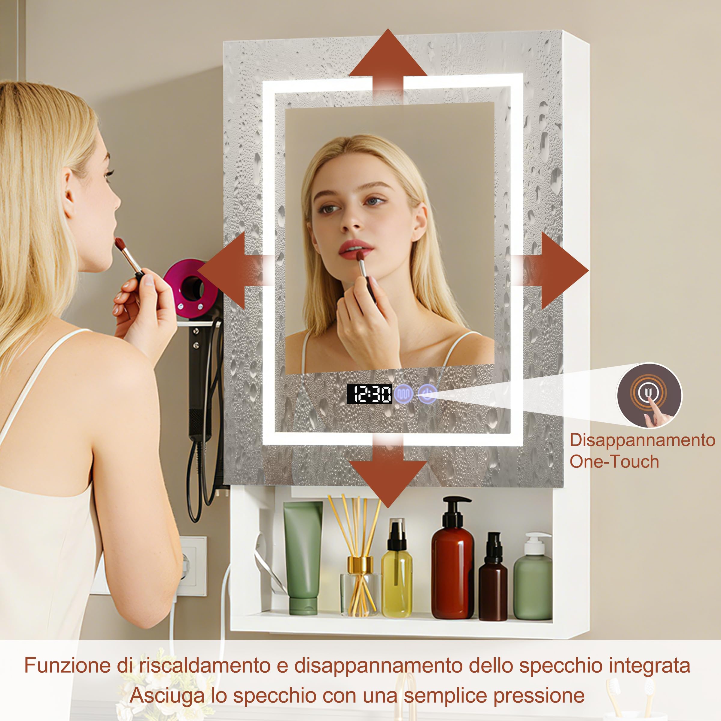 Specchio Bagno Contenitore con illuminazione e Antiappannamento Armadietto Bagno a Parete con indicazione di orologio e temperatura, Presa e 4 scomparti portaoggetti per il Bagno 47 * 80 * 16 cm