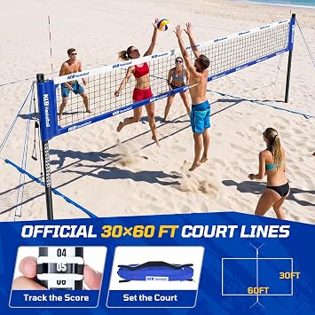 Haokelball Portable Professional Outdoor Volleyball Net Set for Backyard with Volleyball Antennas, Adjustable Height Aluminum Poles, Net Tension Adjuster, Volleyball, Hammer and Boundary Line