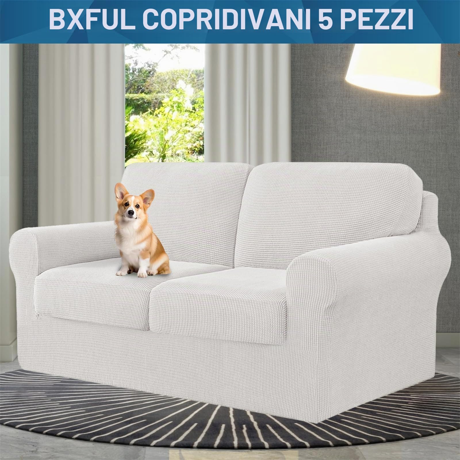 Copridivano Elasticizzato con Schienali Separati E Cuscini Seduta, Copridivano Antiscivolo con Fascia Elastica, Proteggi Mobili Jacquard (2 Posti,Bianco)