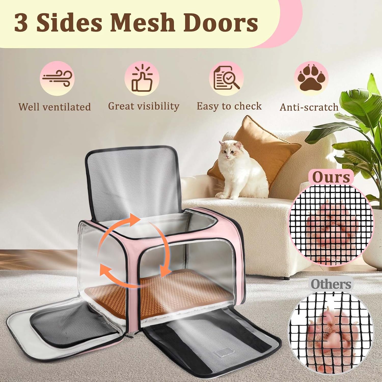 Cat Carrier Dog Carrier - Soft-Sided Cat Carrier with Plush Pad & Cooling Mat, Easy-Load 4-Side Zipper & 3-Side Mesh Ventilation, Pet Carrier Airline Approved for Cats/Dogs Up to 16 lbs, Pink