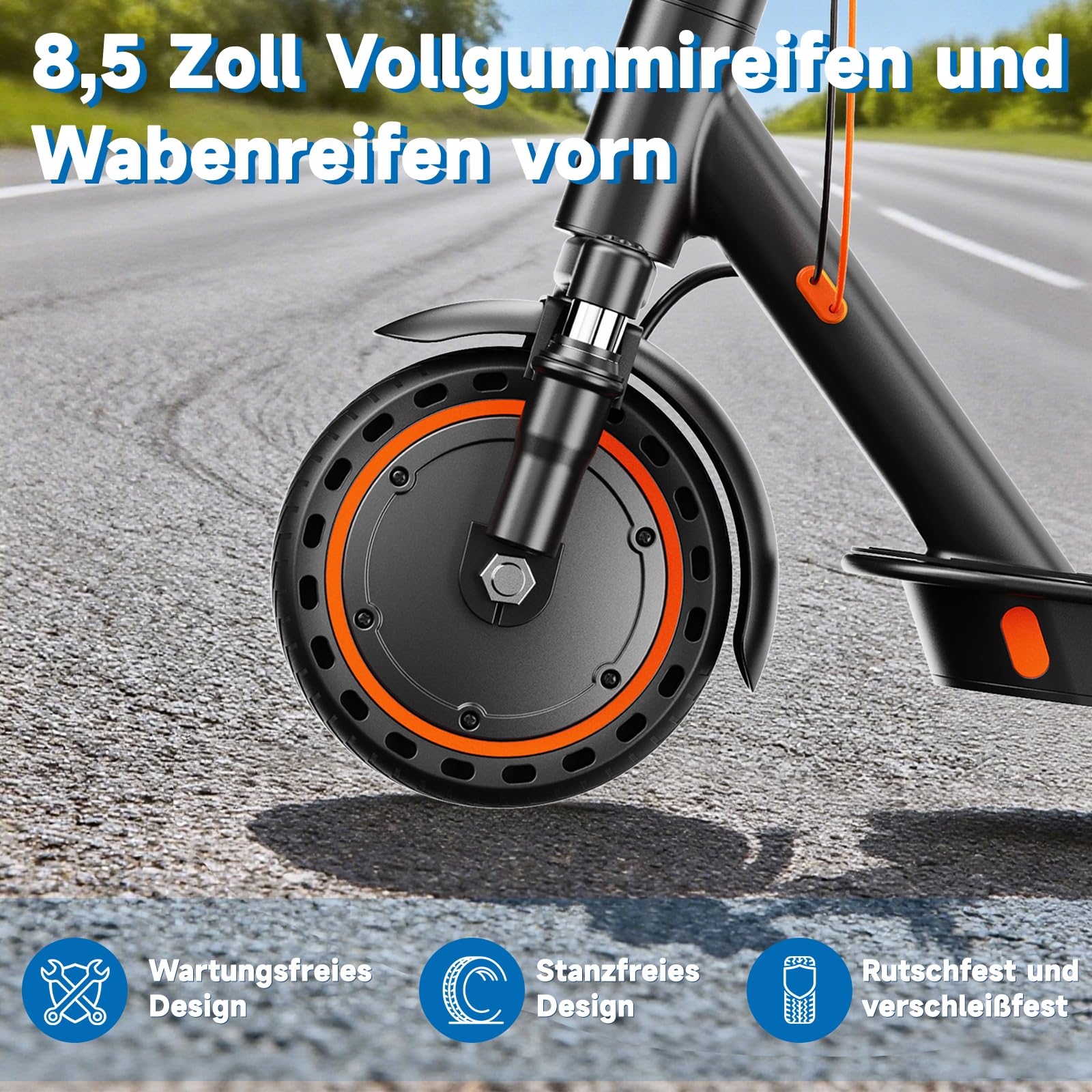 TODIMART E Scooter mit Straßenzulassung T6 DE Mit App, 35KM Reichweite, E Roller mit Doppelbremsen und Doppelfederungssystem, 120kg Tragkraft, Faltbarer Elektroscooter, 8,5 Fuß große Vollgummireifen