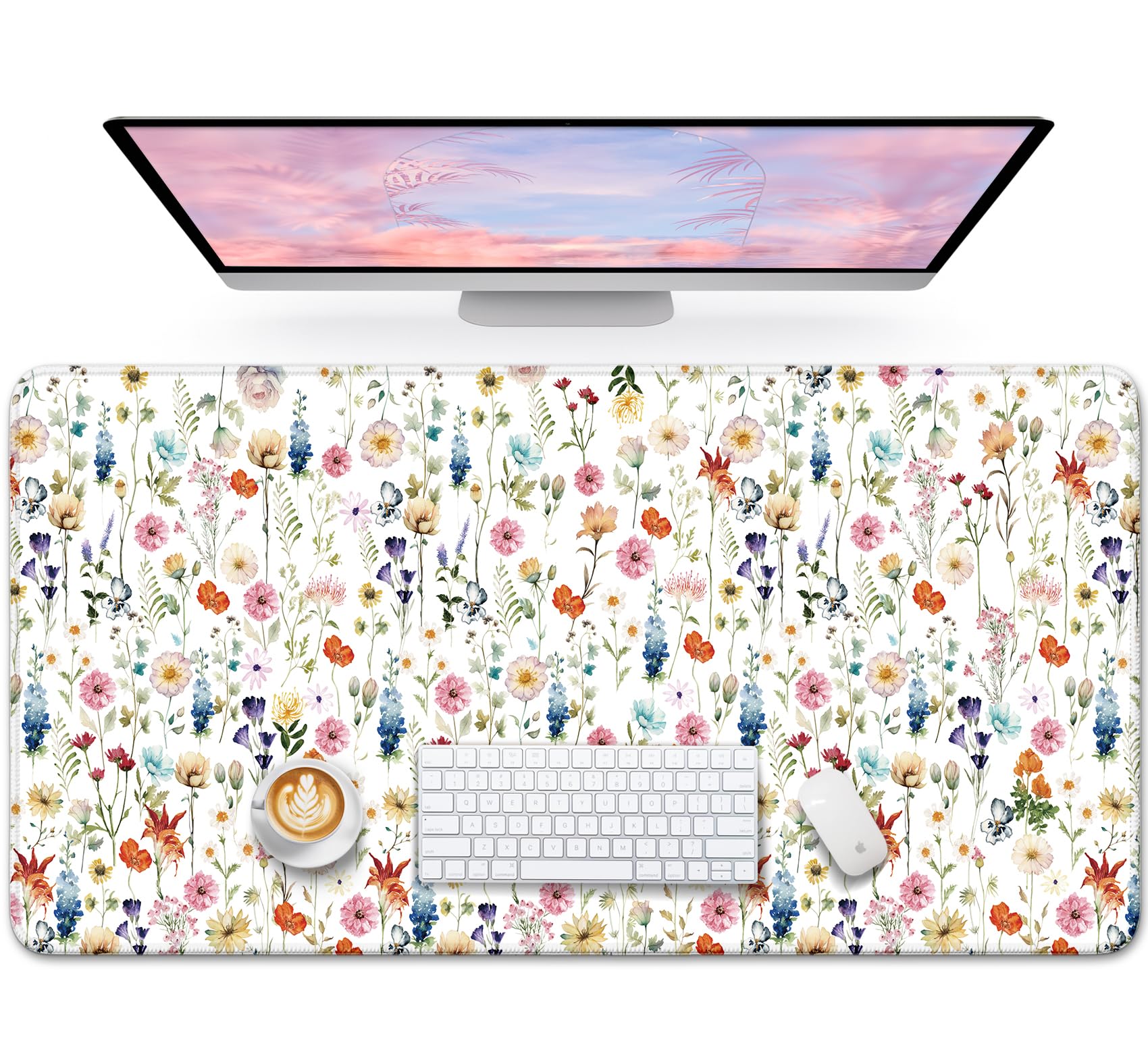 Large Mouse Pad for Desktop, Cute Desk Mat Pad Protector for Work & Gaming, Aesthetic Pretty Anti-Slip Laptop Blotter Cover for Office School Home Supplies, Wildflowers, 31.5" x 11.8"