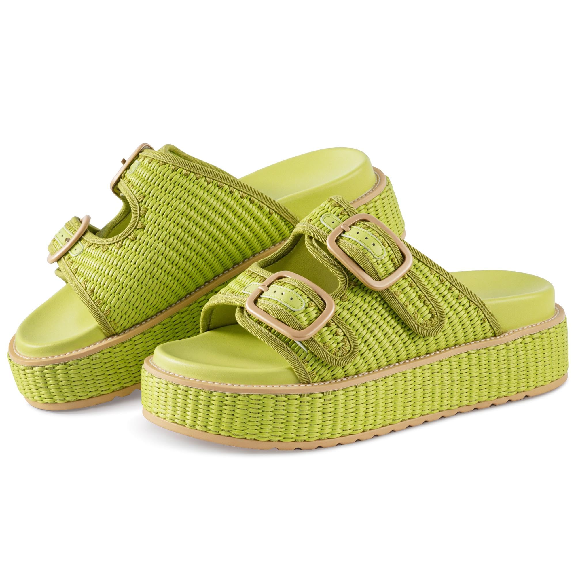 Platform Sandals for Women Raffia Espadrille Wedges Summer Beach Sandals Woven Straw Crochet Sandal Adjustable Double Buckle Strap Rattan Flats