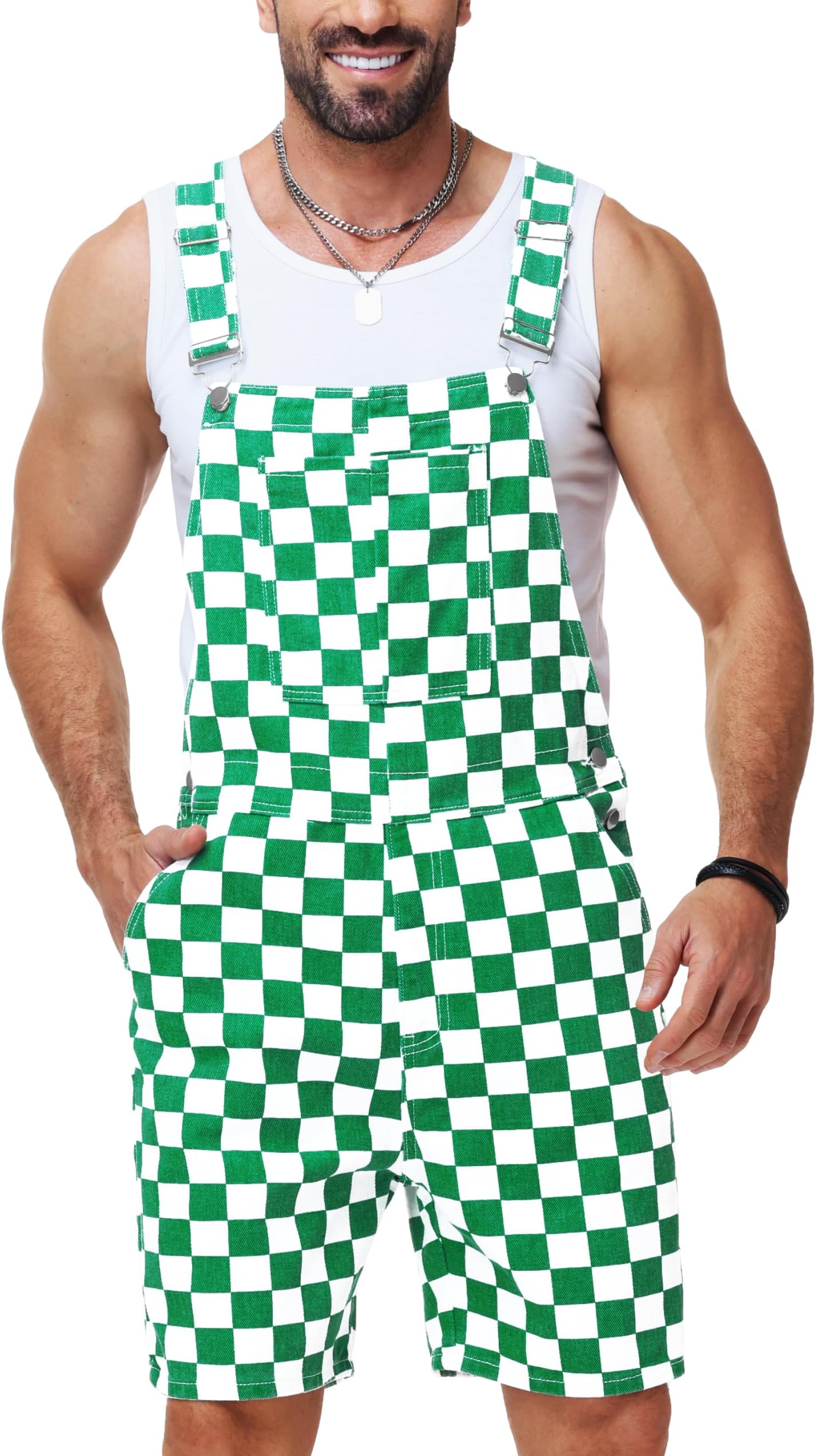 Mens Checkered Bibs Overalls Cotton Denim Jeans Jumpsuits