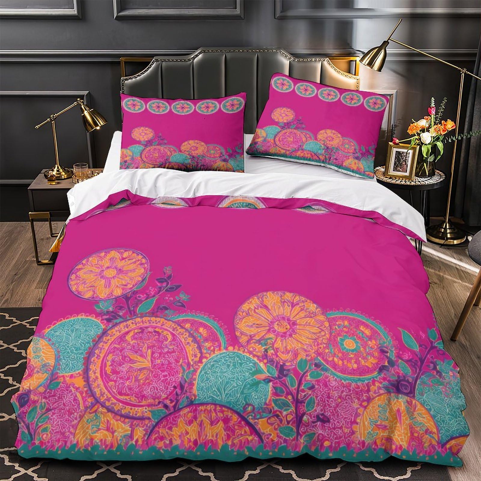FloralPattern Comforter Cover 3D Print Machine Washable 3PCs Bed Linen Hidden Zipper VibrantDecorativeStyle Quilt Cover Extra Soft Durable for Teens Youth Adults Women Kids Boys King（220x240cm）