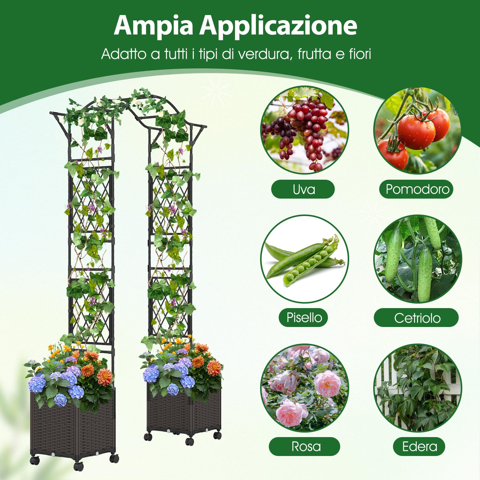 RELAX4LIFE Arco da Giardino con Fioriere, Arco per Piante Rampicanti, Fioriere Laterali con Ruote, Supporto per Piante in Metallo Rivestita PE Antiruggine, Decorazioni per Patio e Giardino (Nero)