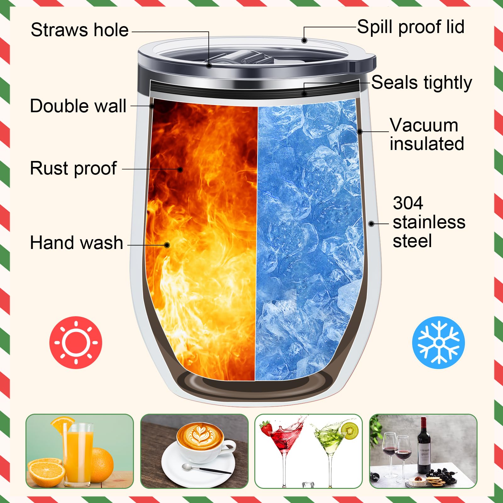 Gejoy Lot de 6 verres à vin de Noël avec couvercle - En acier inoxydable - Motif sapin de Noël - Tasse à café de voyage - Cadeau de vacances pour fête de Noël, mariage, 6 motifs - Crèche de Noël