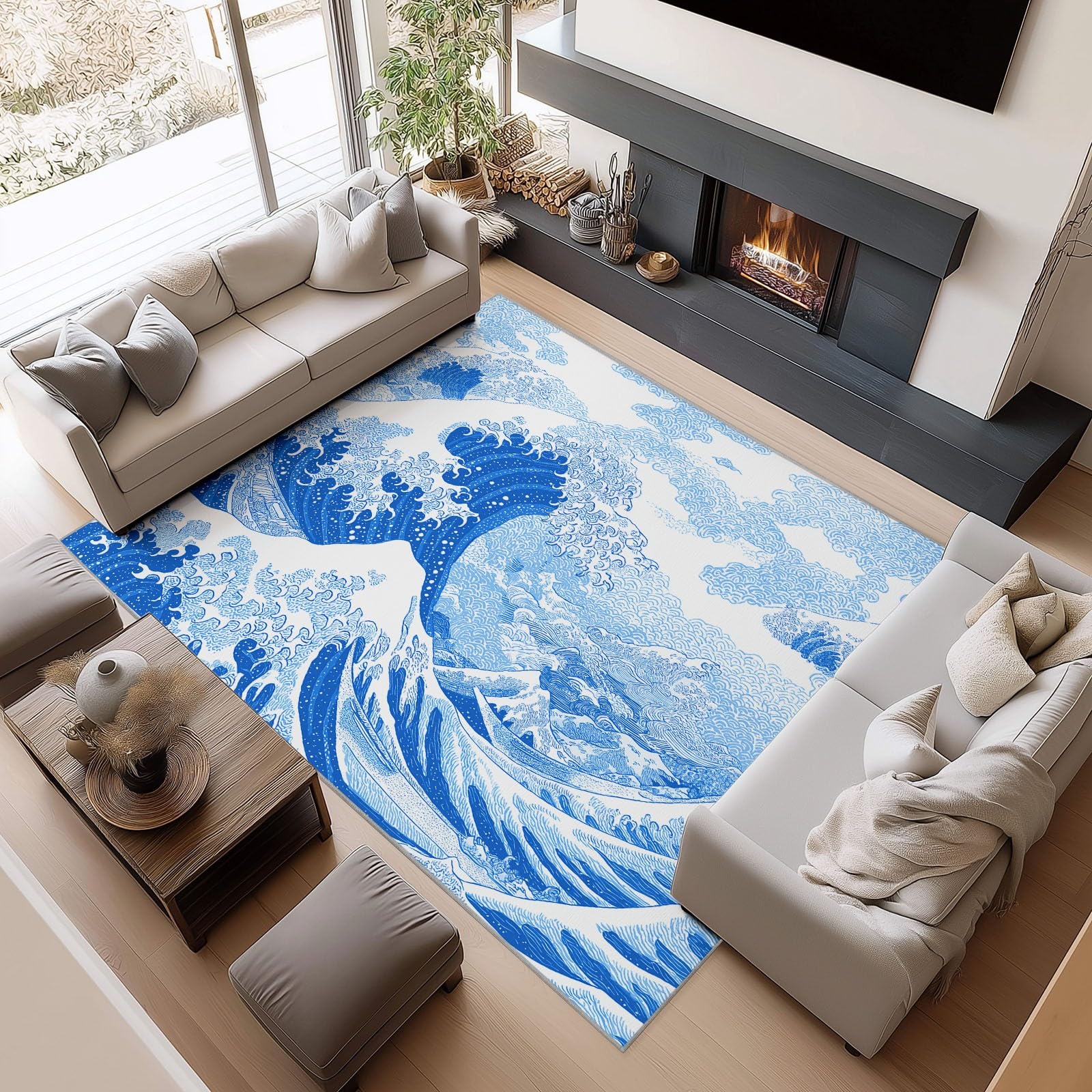 Tapis Poils Courts Moderne Vagues Bleues De L'Océan 80x150cm Tapis Salon Lavables Antidérapant Doux, Effet Impression 3D, pour Chambre Cuisine Salle à Manger Bureau