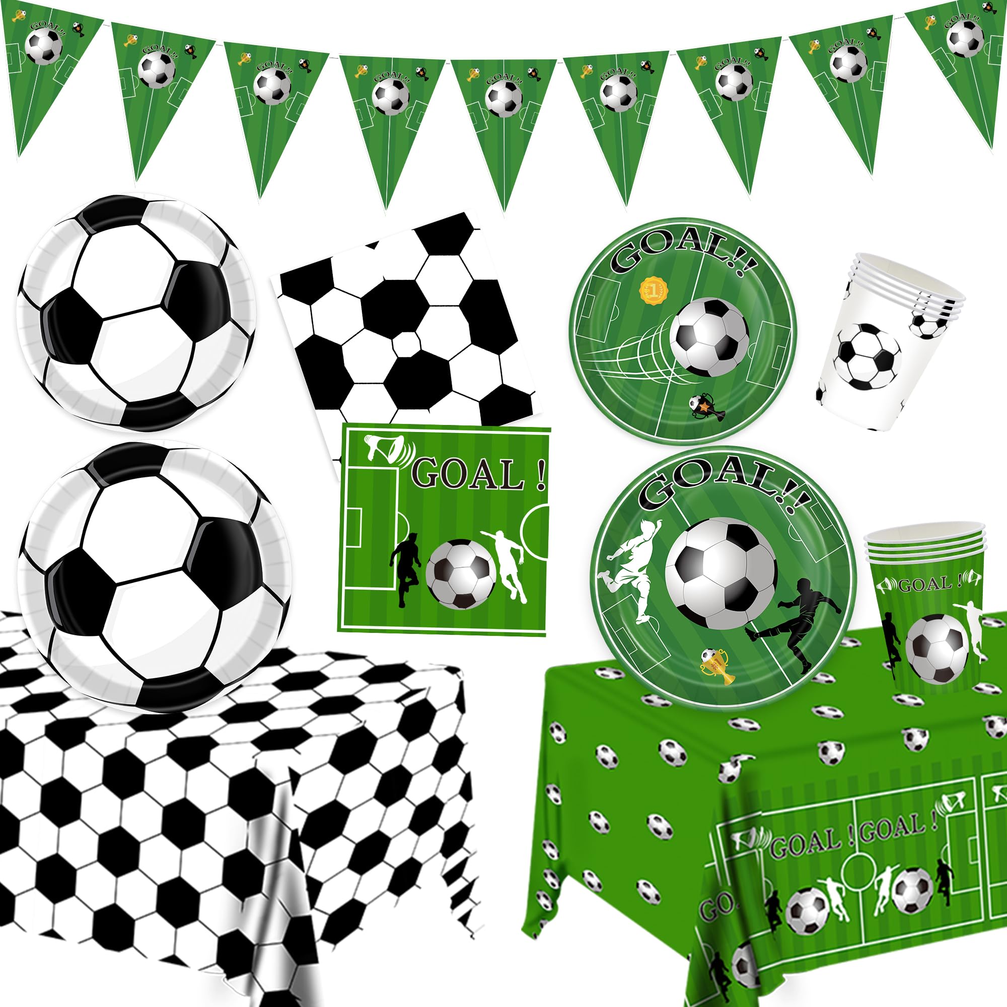 Soccer Party Decorations Soccer Party Supplies Tableware Set Includes Banner, Plates, Cups, Napkins, Tablecloth for Boys Sports Theme Birthday Decorations, 24 Guests