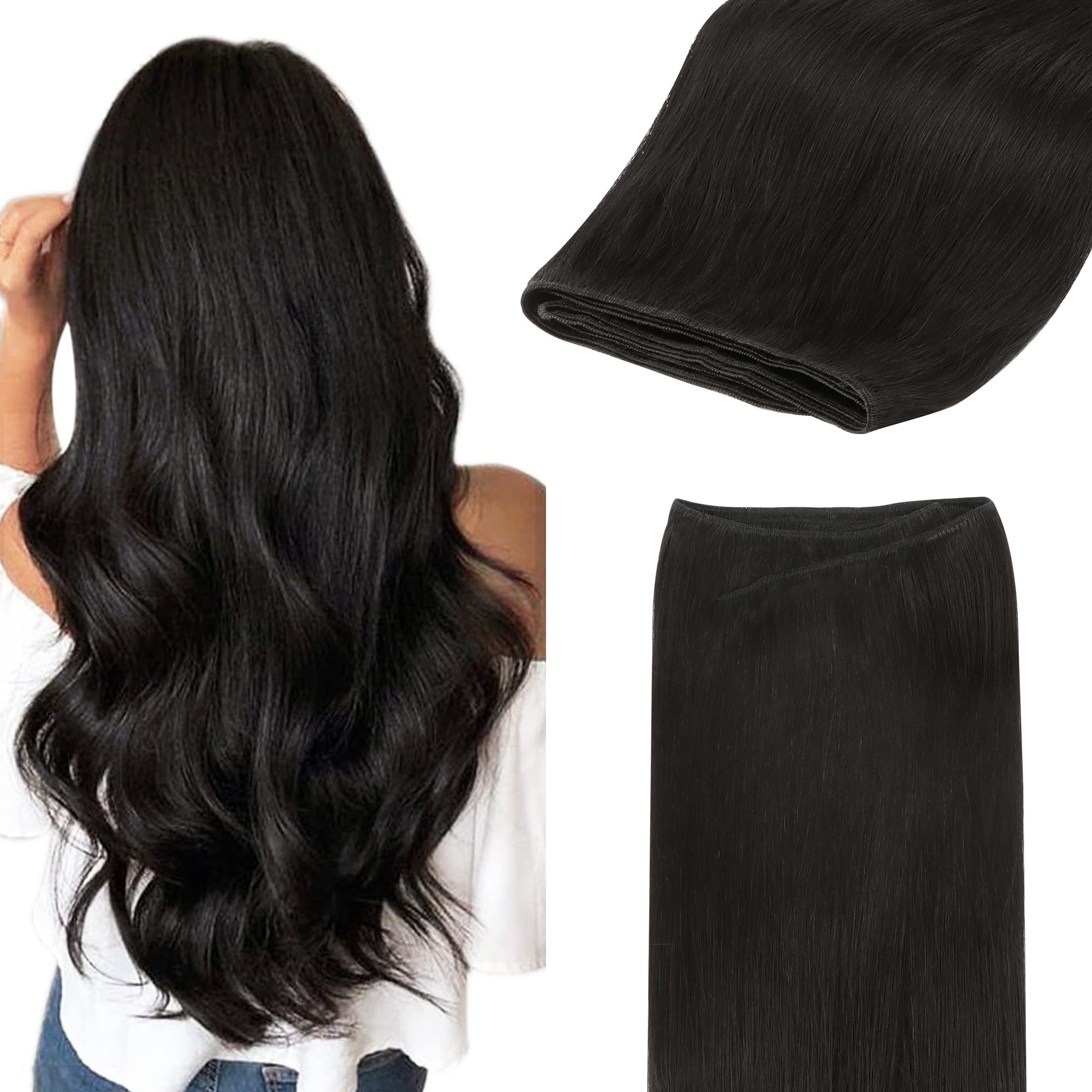GOO GOO Sew in Hair Extensions Real Human Hair, Weft Hair Extensions Human Hair, 1B Natural black 20inch 105g, Weft Bundles Straight Silky Remy Hair