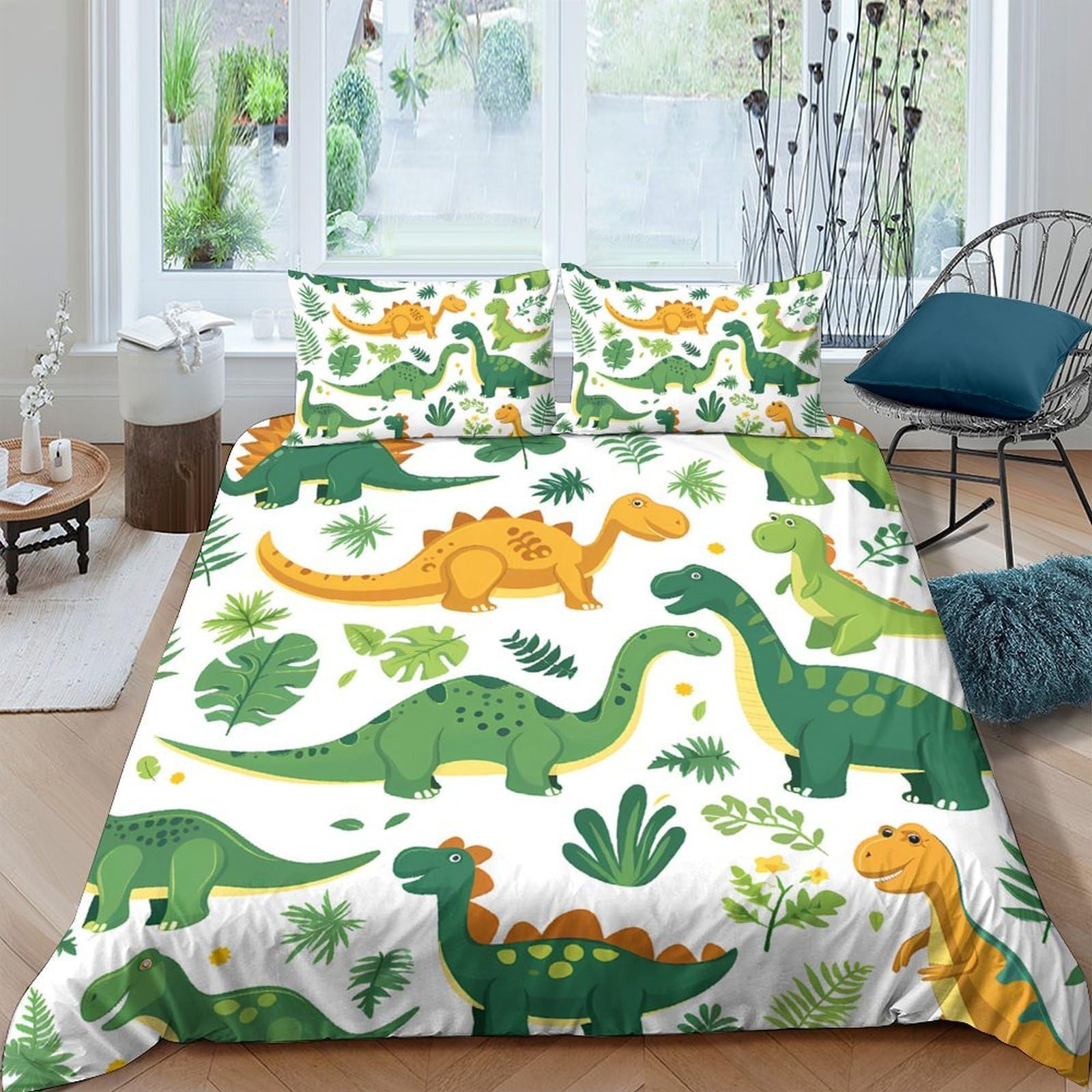 GPLZQXKJNH 3D Printed Dinosaur Duvet Cover Microfiber Soft Breathable Jungle Bedding Set with 2 Pillowcases for Bedroom Decor, Single（135x200cm）