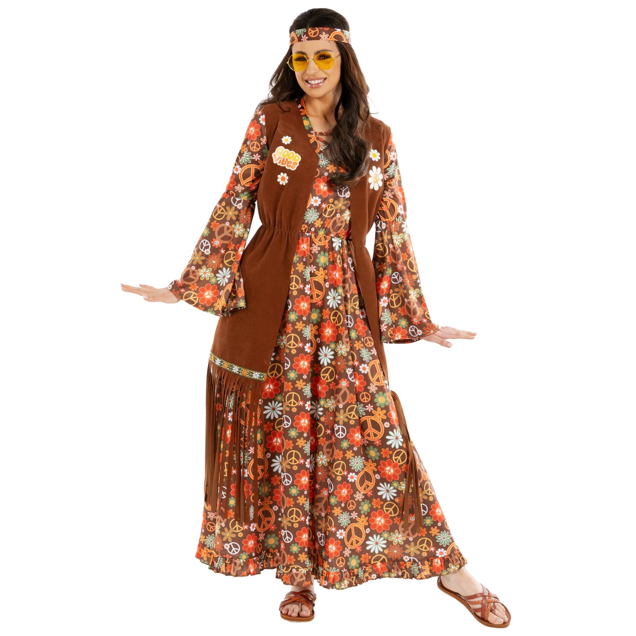 Morph Disfraz Hippie Mujer, Vestido Retro Años 70, Traje Vintage Fiesta, Disfraces para Carnaval y Halloween