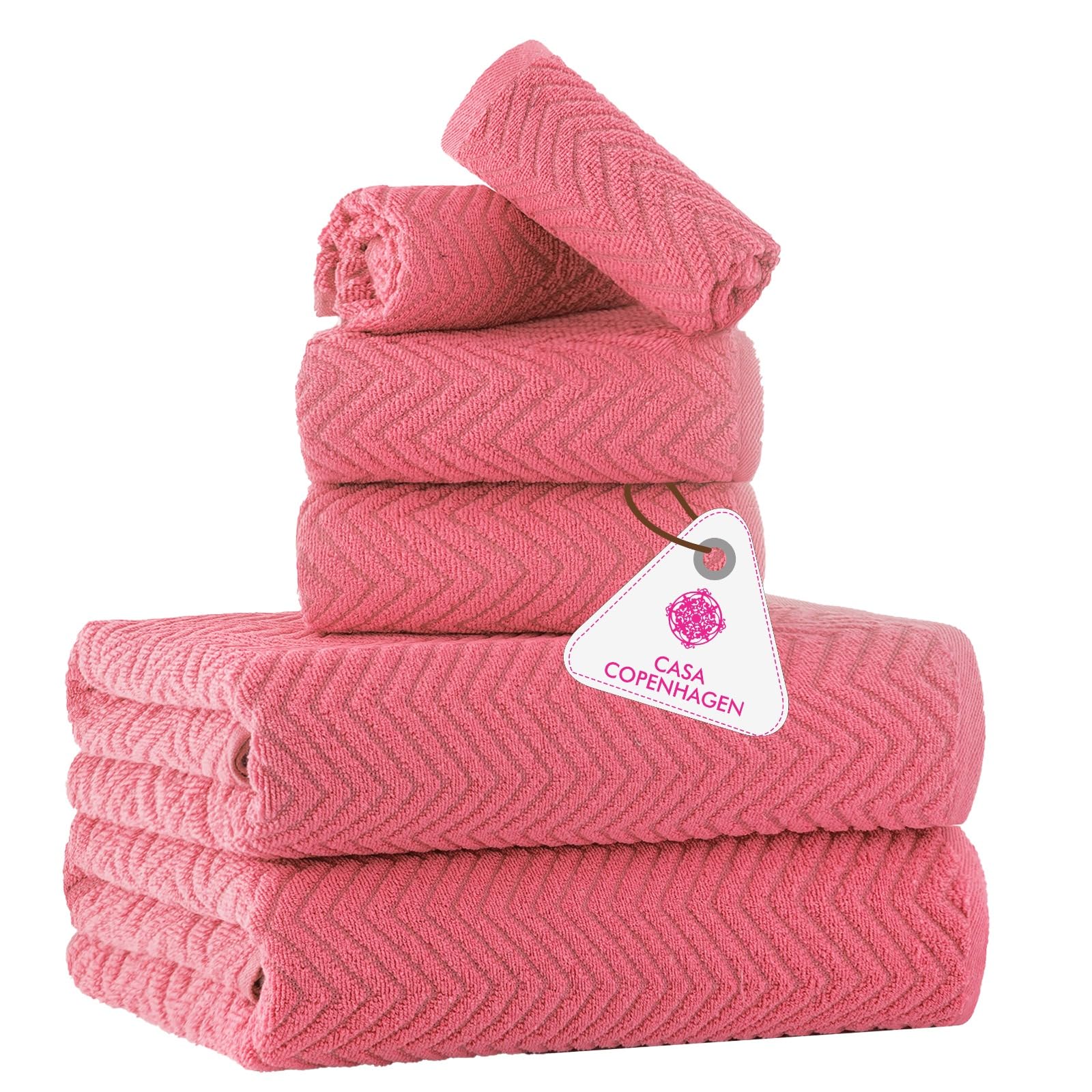 CASA COPENHAGEN Wave Textured 6 Pieces Towel Set- Pink, 550 GSM 2 Bath Towel 2 Hand Towel 2 Washcloth, Rough & Tough Use Cotton Towels Gift Set for Bathroom