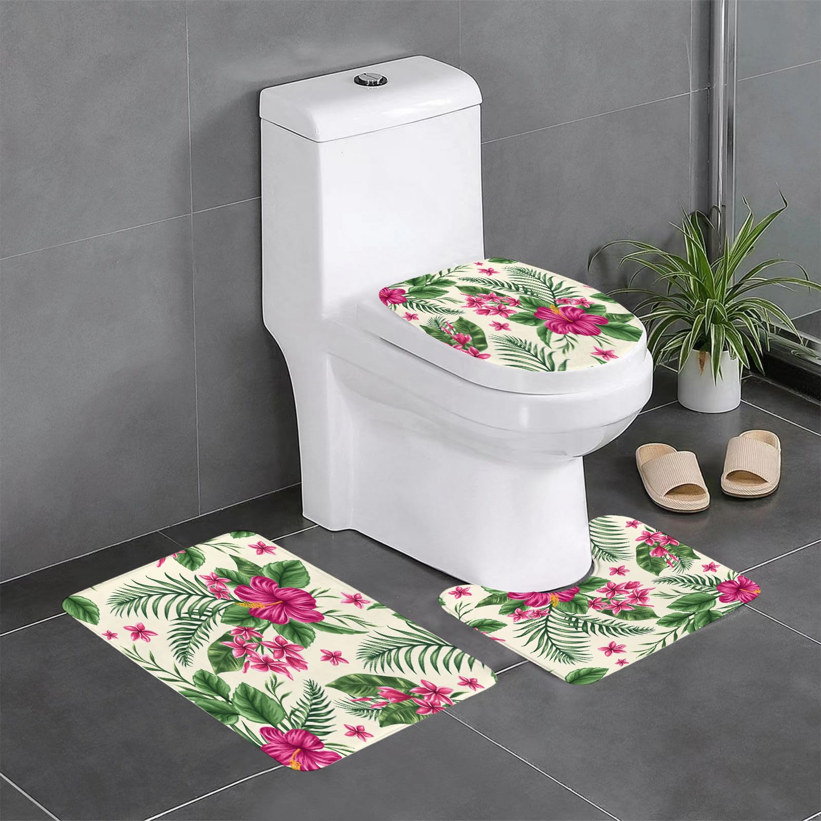 Set di 3 tappetini da Bagno, Lavabili in Lavatrice e Antiscivolo, in Morbida Fibra Superfine, con Stampa Acquerello, Plumeria e Ibisco, Tema Isola Tropicale, Natura, Aloha Hawaii.