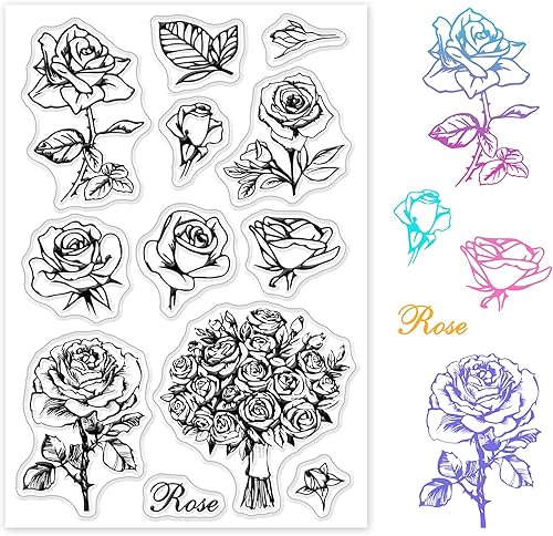 GLOBLELAND Sellos transparentes de flores de rosas, tarjetas de sello de silicona para decoración de tarjetas y álbumes de recortes de bricolaje