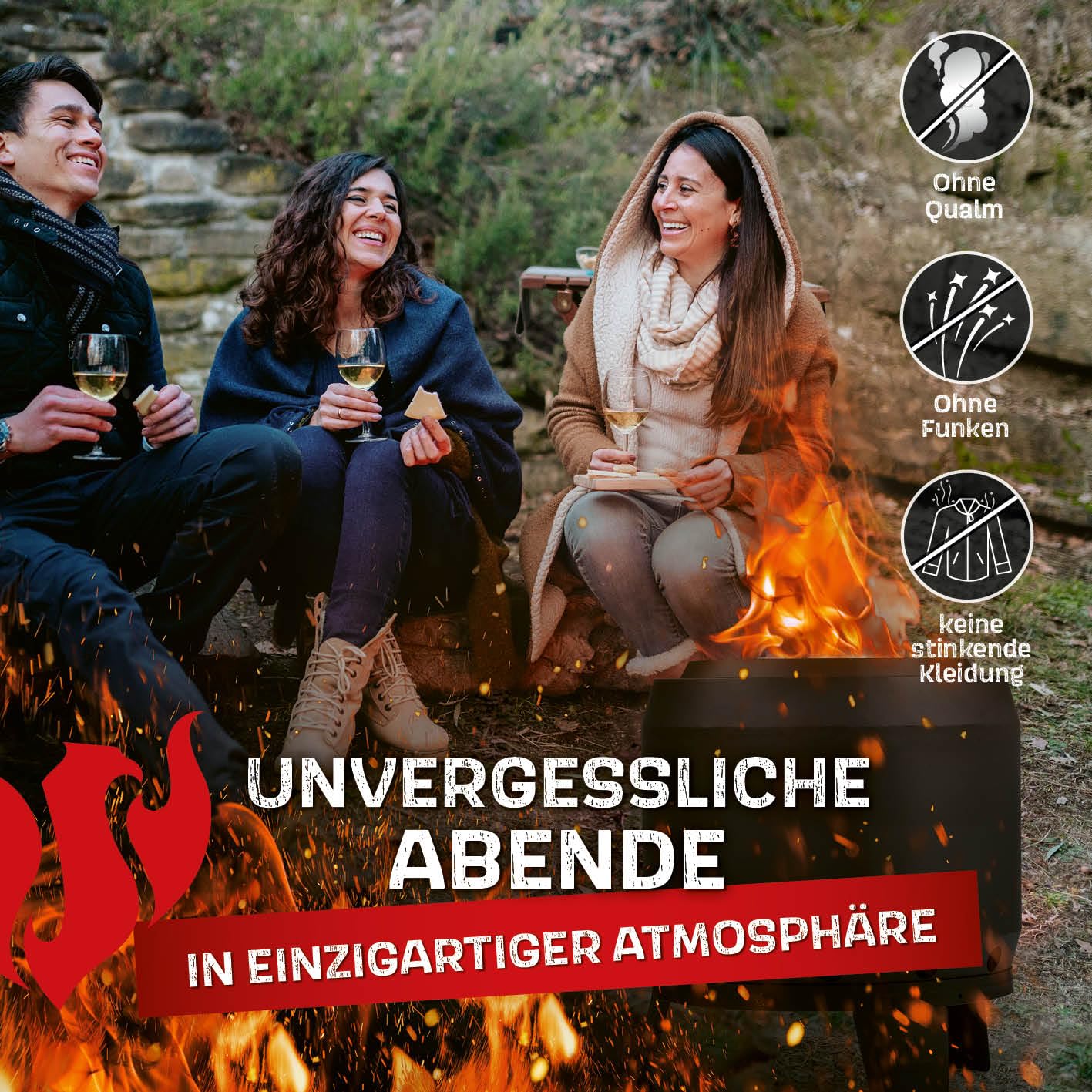 LANDMANN rauchfreier Feuerkorb, klein | 360° Luftzirkulation | Besonderes Flammenspiel | Pulverbeschichteter Stahl | Ideal für gemütliche Abende | Inkl. Schürhaken [52,5 x 51,5 x 57 cm - 14,8 kg]
