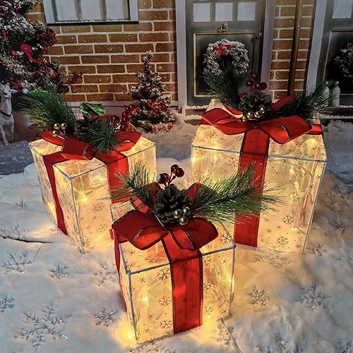 Miniatura 7 de Decoraciones navideñas, Lauzior Juego de 3 cajas de regalo iluminadas de Navidad, 60 luces LED, adorno navideño para árbol de Navidad, para