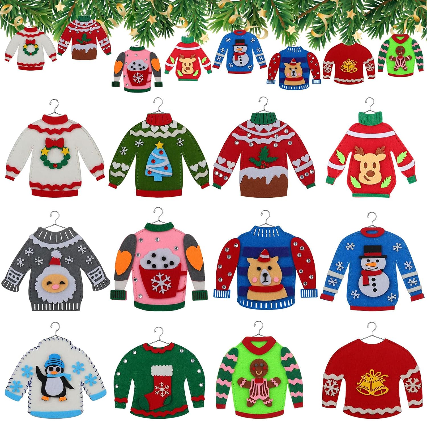 Weysat DIY Ugly Sweater Tree Ornament Kit with Hangers Felt Craft for DIY Sweater Shaped Christmas Ornaments Holiday Craft Gift Toys Stuffers, 4.7 x 3.9 Inch(48 Pcs)