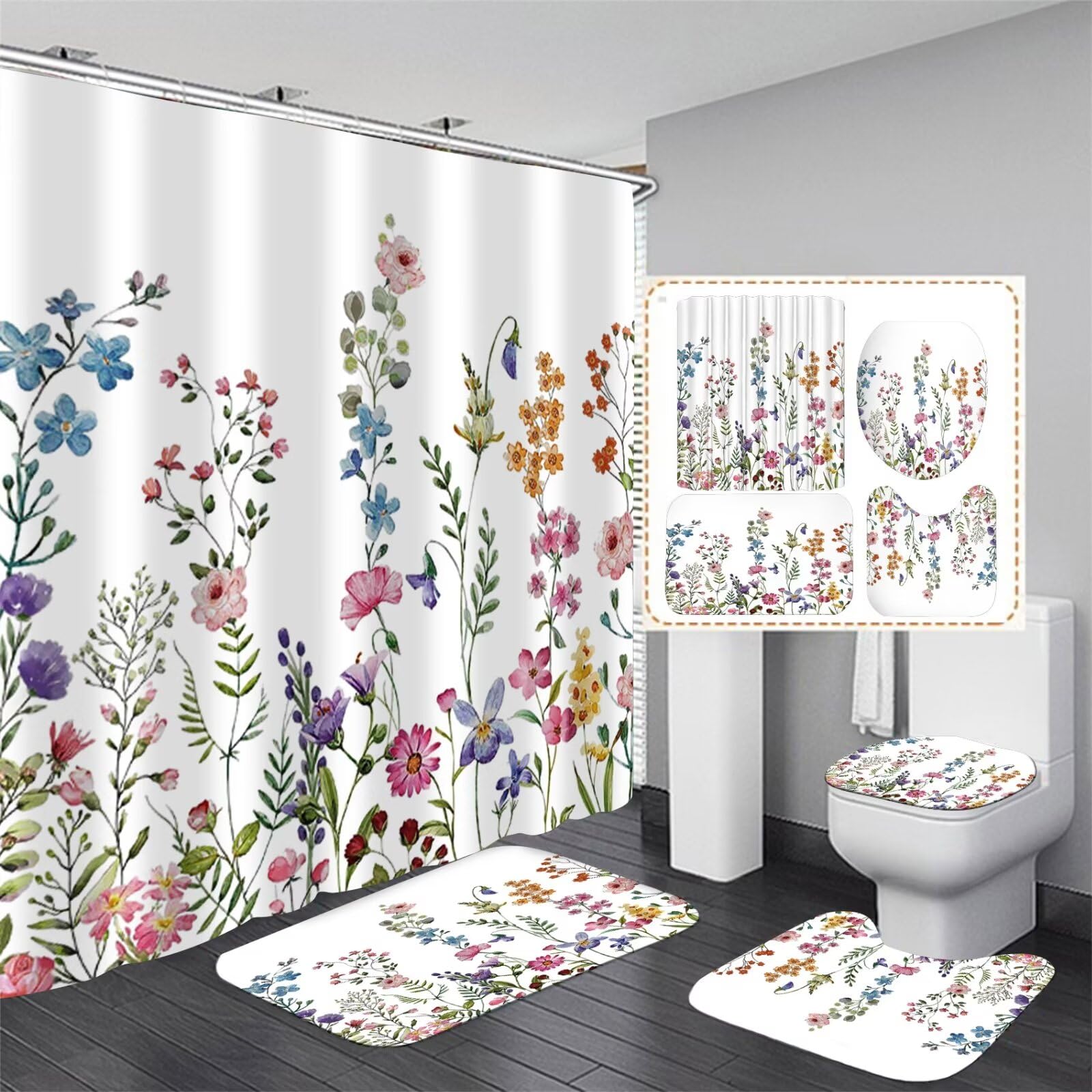 Photo 1 of 4Pcs Flower Shower Curtain Set with Non-Slip Rugs, Toilet Lid Cover and Bath Mat, Colorful Floral Shower Curtain with 12 Hooks, Watercolor Boho Bath Curtain for Bathroom Decor Coloful Flower