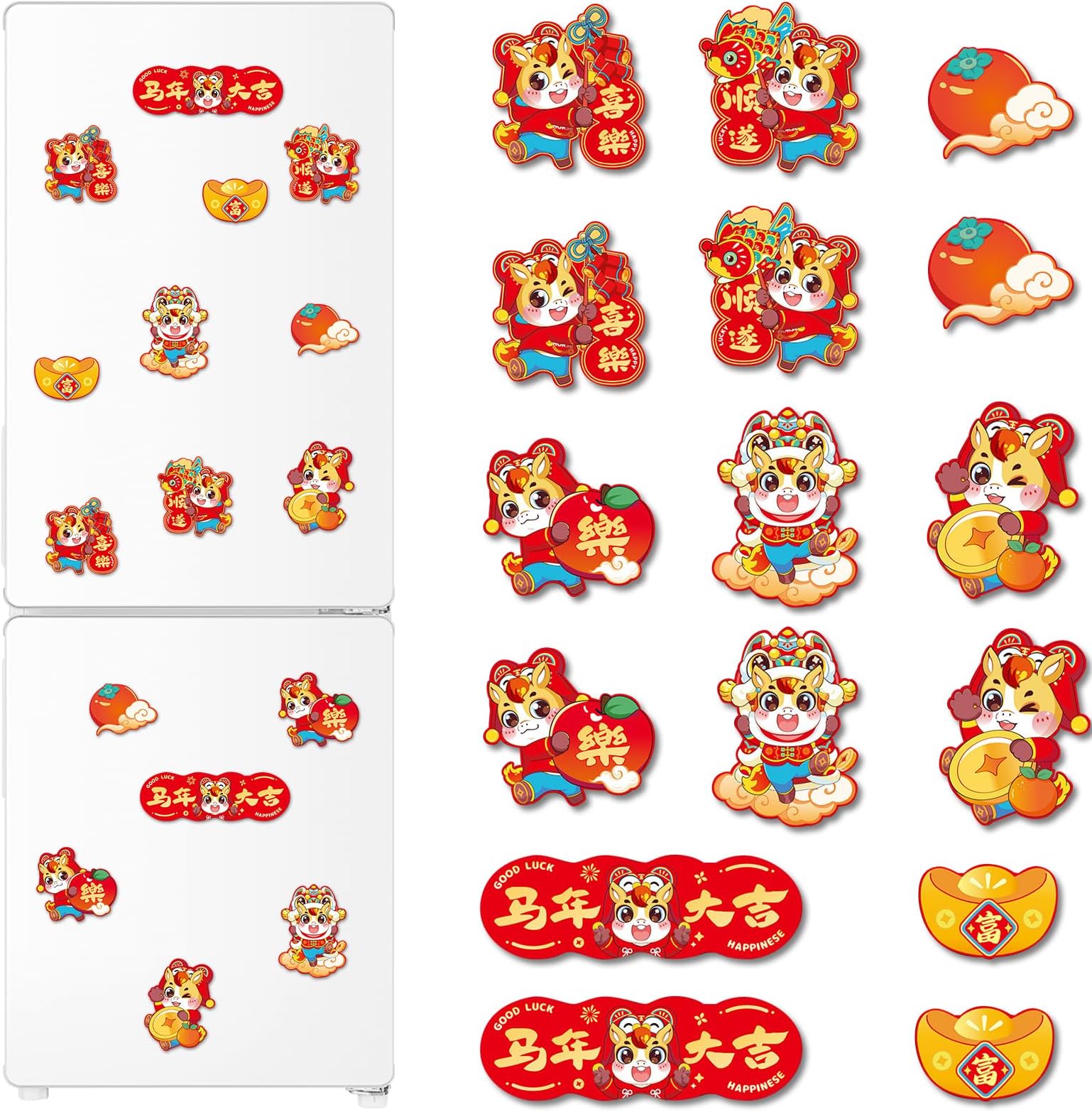 16 Pcs Chinese New Year Refrigerator Magnets, 2026 Horse New Year Door Refrigerator Magnet Red FU Character Sign Magnets Decorations for Home Kitchen Metal Door Garage Car (A)