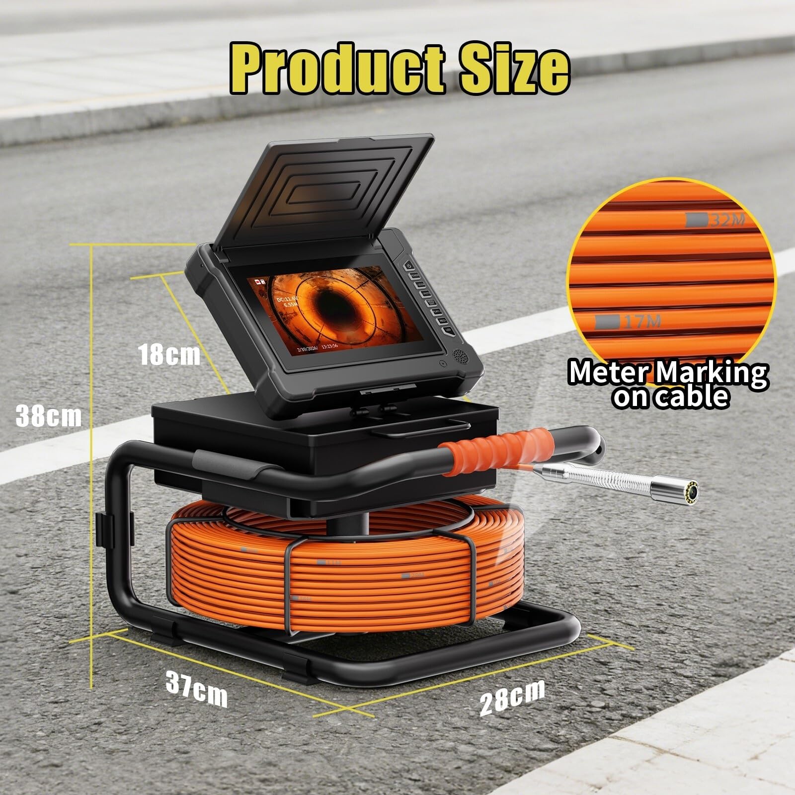 Telecamera per ispezione tubi fognari, telecamera 18/23MM Target Tubi, Cavi | Scheda TF da 32 GB per endoscopio industriale per condotte fognarie di scarico DVR da 7".(20m,23MM Camera)