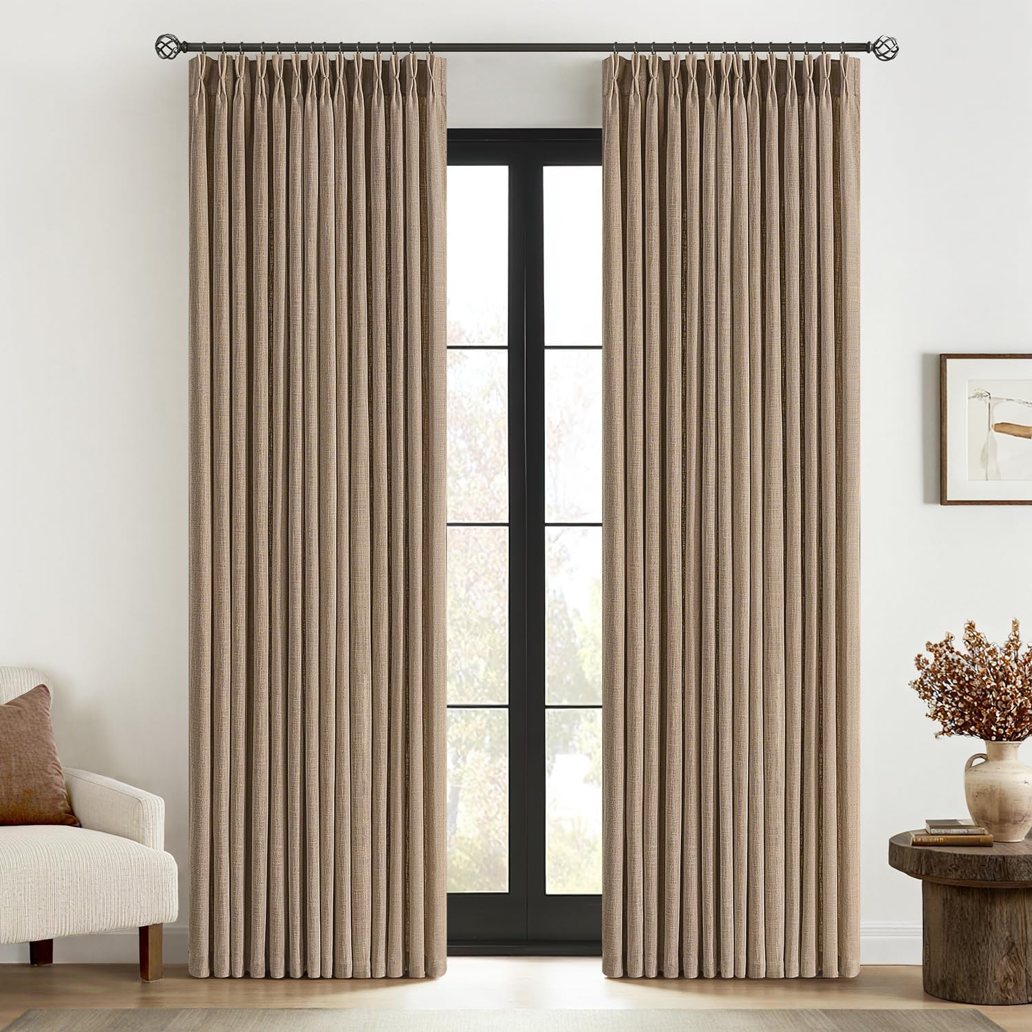 MIULEE Pinch Pleated Thick Linen Curtains 84 Inches Long 2 Panels for Living Room Bedroom, Memory Trained Pleat Drapes Back Tab Light Filtering Country Farmhouse Brown Burlap Curtains with Hooks&Rings 40"W x 84"L (Pack of 2) Linen Brown