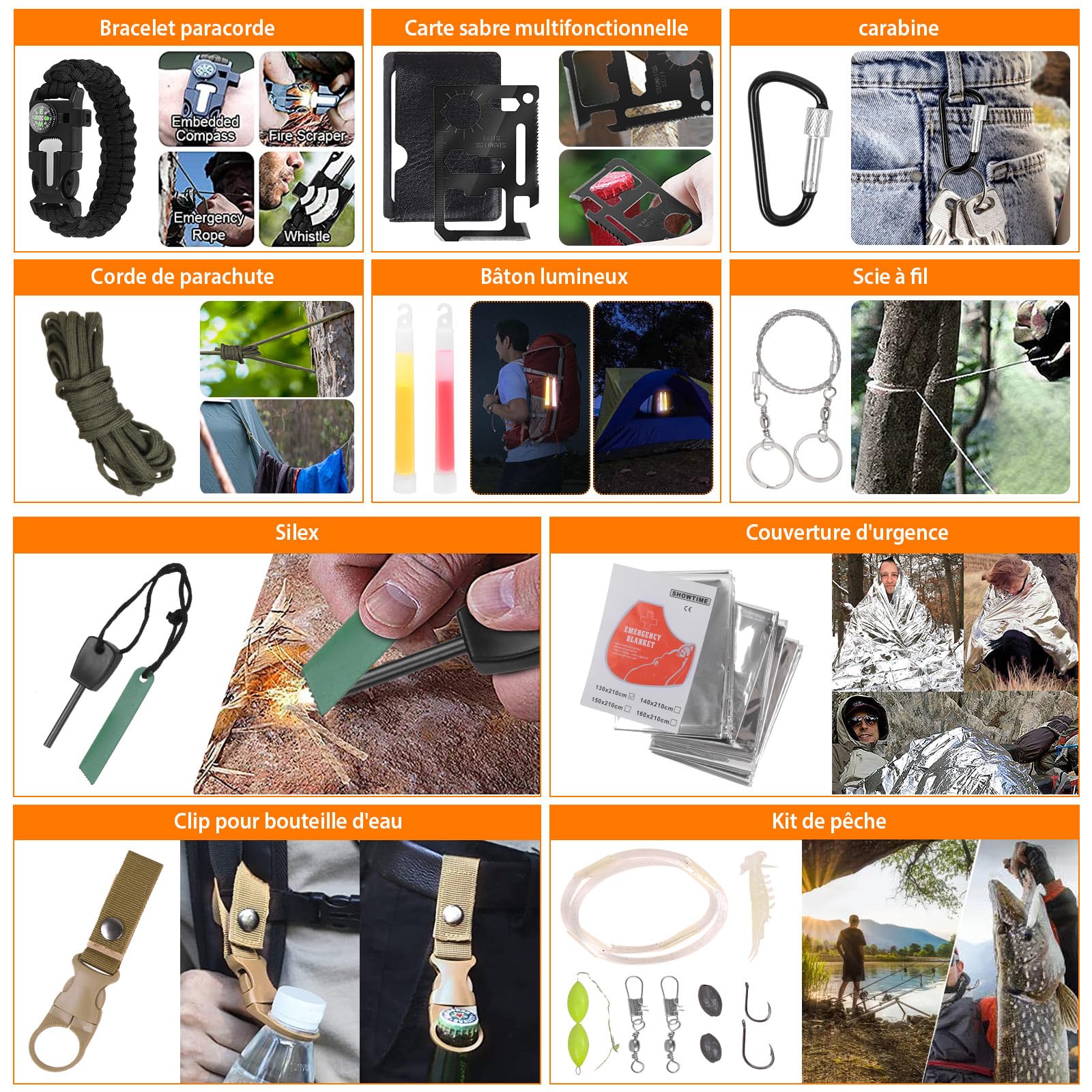 Kit de Survie d'urgence en Plein air, 38 en 1 avec Kit de Premiers Secours de Survie avec pour Hommes Camping, Pince Pliante, Voyage Aventure, Randonnée, Aventure en Plein Air