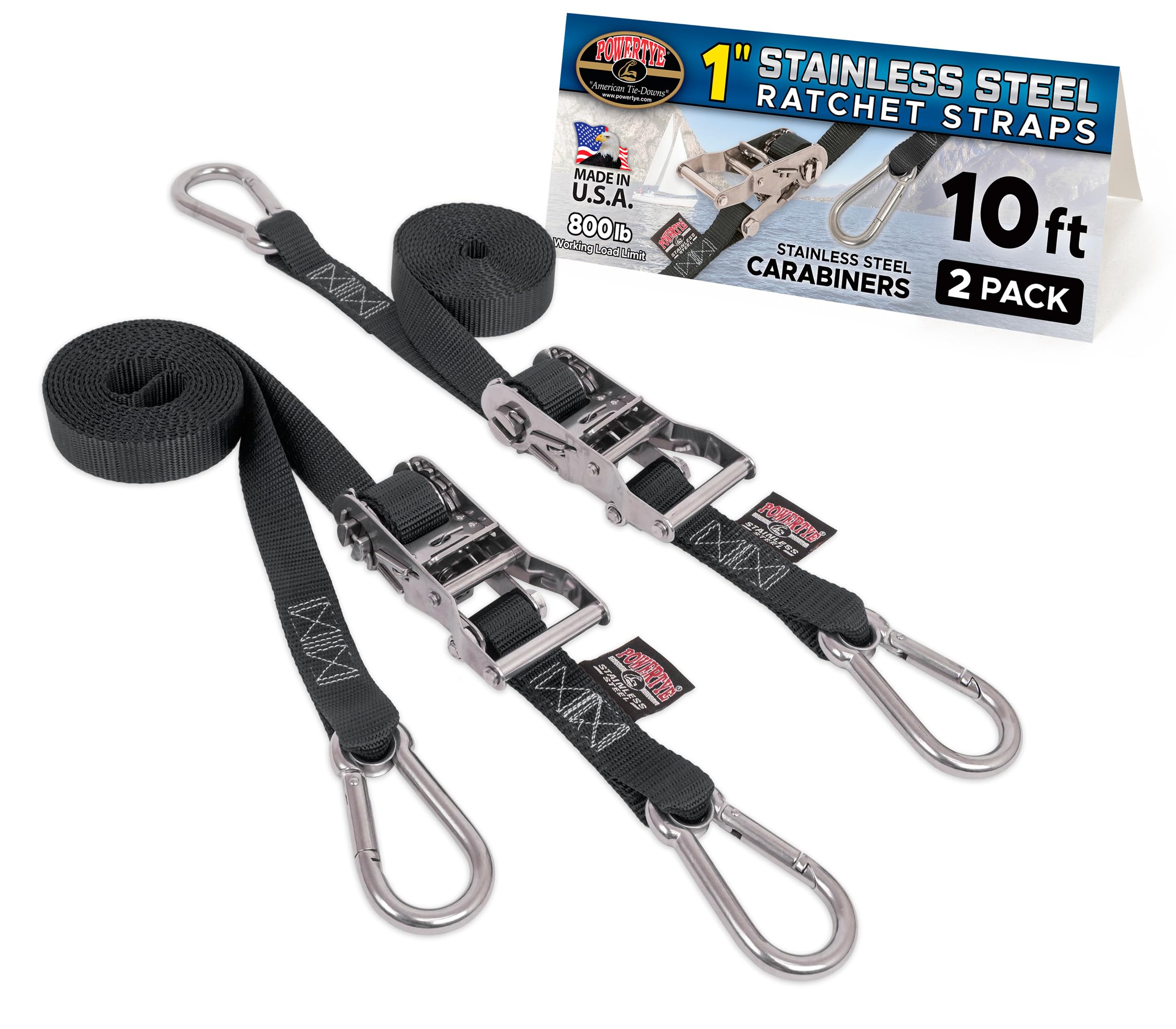 PowerTye Correas de trinquete de acero inoxidable de 1 pulgada x 10 pies con ganchos de mosquetón de acero inoxidable, carga de trabajo de 800 libras/resistencia a la rotura de 2400 libras, para