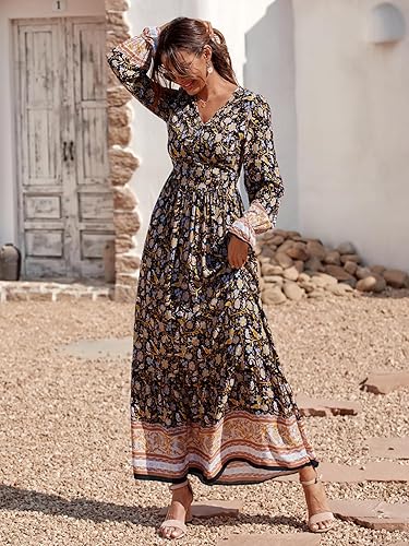 Miniatura 7 de PRETTYGARDEN Vestido largo de manga larga para mujer, cuello en V, casual, con botones, bohemio, largo y floral