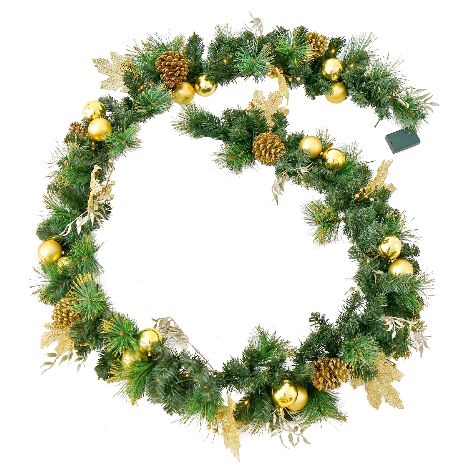 GOPLUS Guirlande de Noël Lumineuse Artificielle 270CM avec Lumières LED Blanc Chaud, Baies, Boules, Fleurs et Pommes de Pin Dorées, Décoration de Noël pour Jardin, Escaliers, Cheminée (Doré)